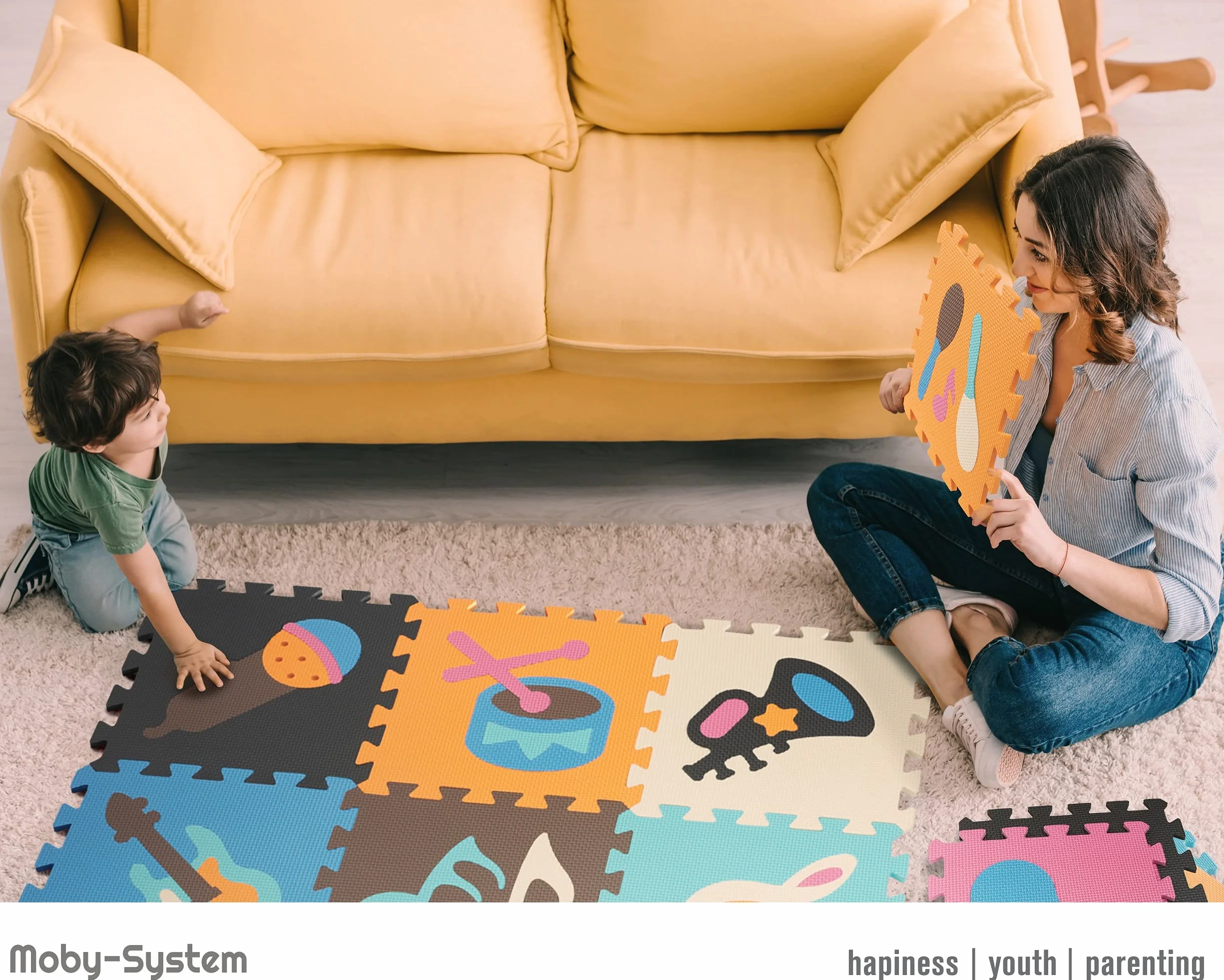 Moby-System Alfombra con rompecabezas para bebés, 90 cm x 90 cm x 1 cm, alfombra de juego, inodora, grande, para niños y niñas, sin sustancias nocivas