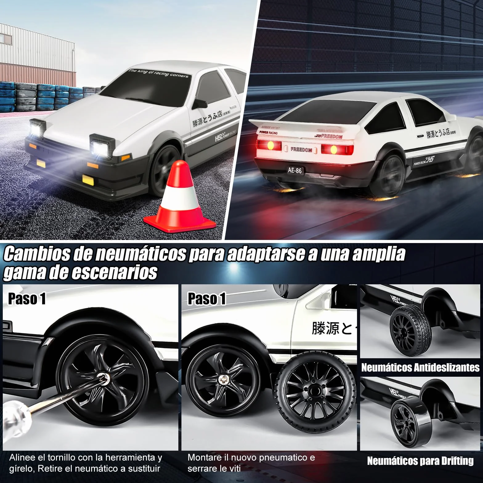 BuzzoXerex Coche Teledirigido Drift, 1:24 Drift RC Car, 18km/h 4WD Mini Car Teledirigido con Kit Barricada, Luces LED, Radiocontrol Coche de Juguete para Adultos y Niños Mayores de 6 Años (Blanco)