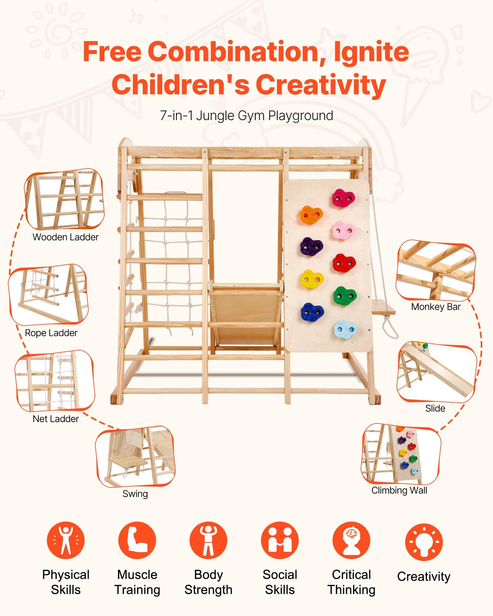 VEVOR Parque Infantil de Interior, Gimnasio de Interior para Niños de Madera, Multifunción con Juguetes de Escalada Tobogán Columpio Barras de Mono Escalera de Malla, Conjunto de Juegos para Niños