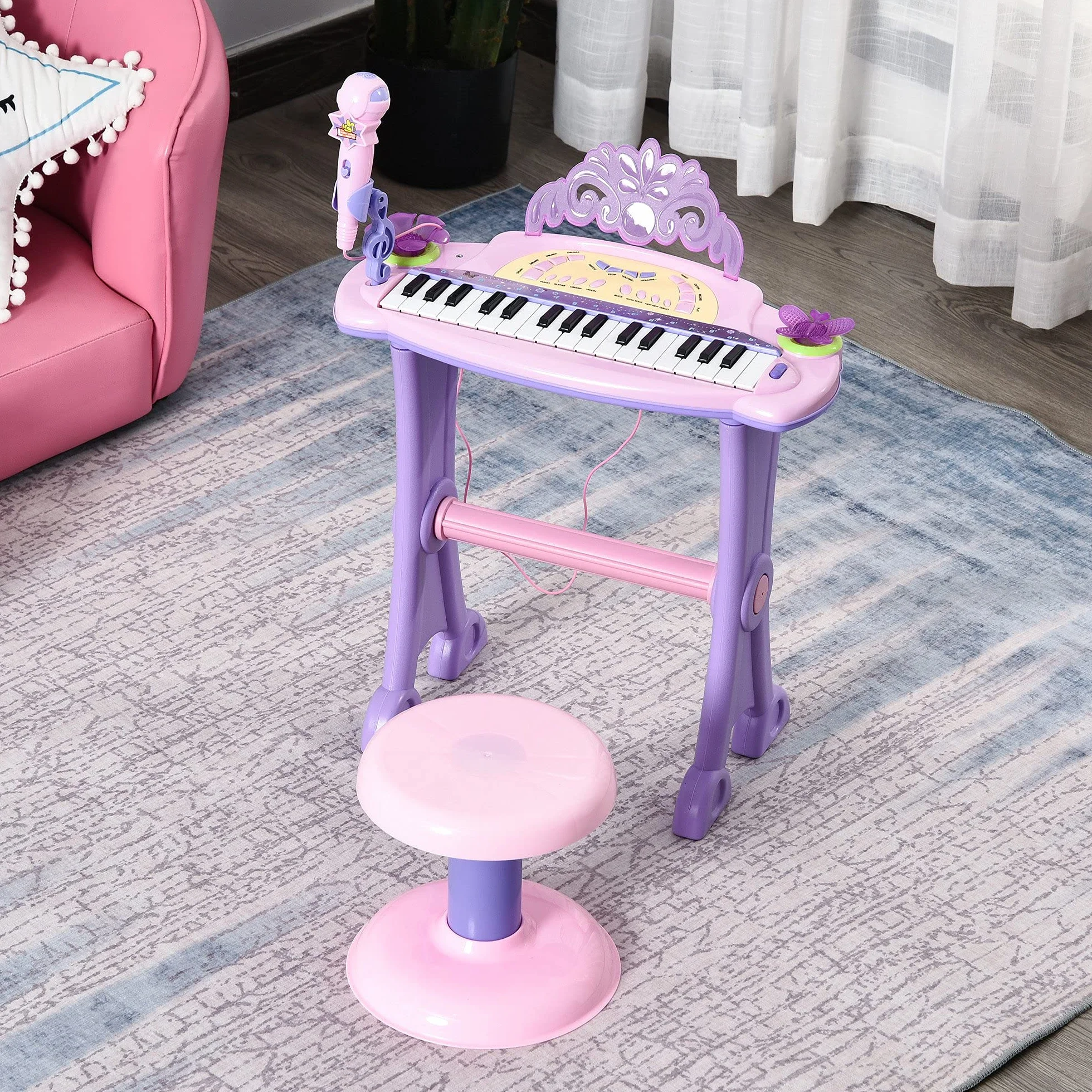 HOMCOM Teclado Electrónico Infantil 32 Teclas Juguete Musical Piano Infantil Piano para Niños con Micrófono Taburete Luces Variedad Sonidos Rítmos Melodias MP3 Karaoke Modo de Enseñanza Rosa