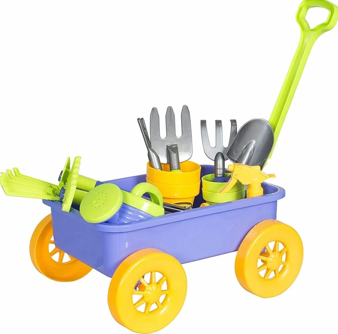 deAO Carretilla y Herramientas de Jardín para Niños y Niñas - Juego de Juego con Herramientas de jardinería, Incluye 10 Accesorios y 4 Macetas para Plantas (Azul)