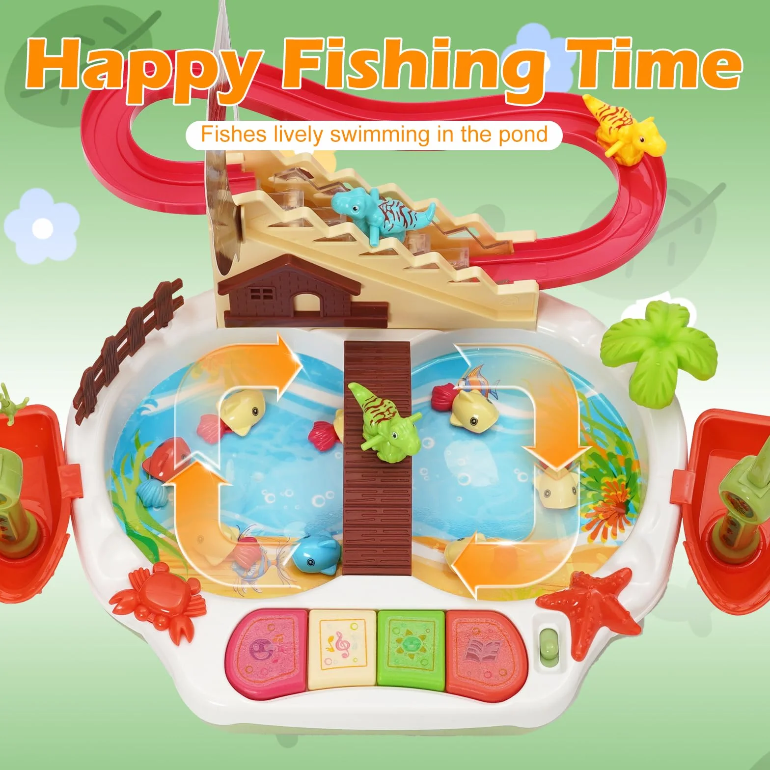 Juguete de pesca multifuncional 2 en 1, juego de pesca para subir escaleras con pista deslizante, 2 cañas de pescar, para niños y niñas