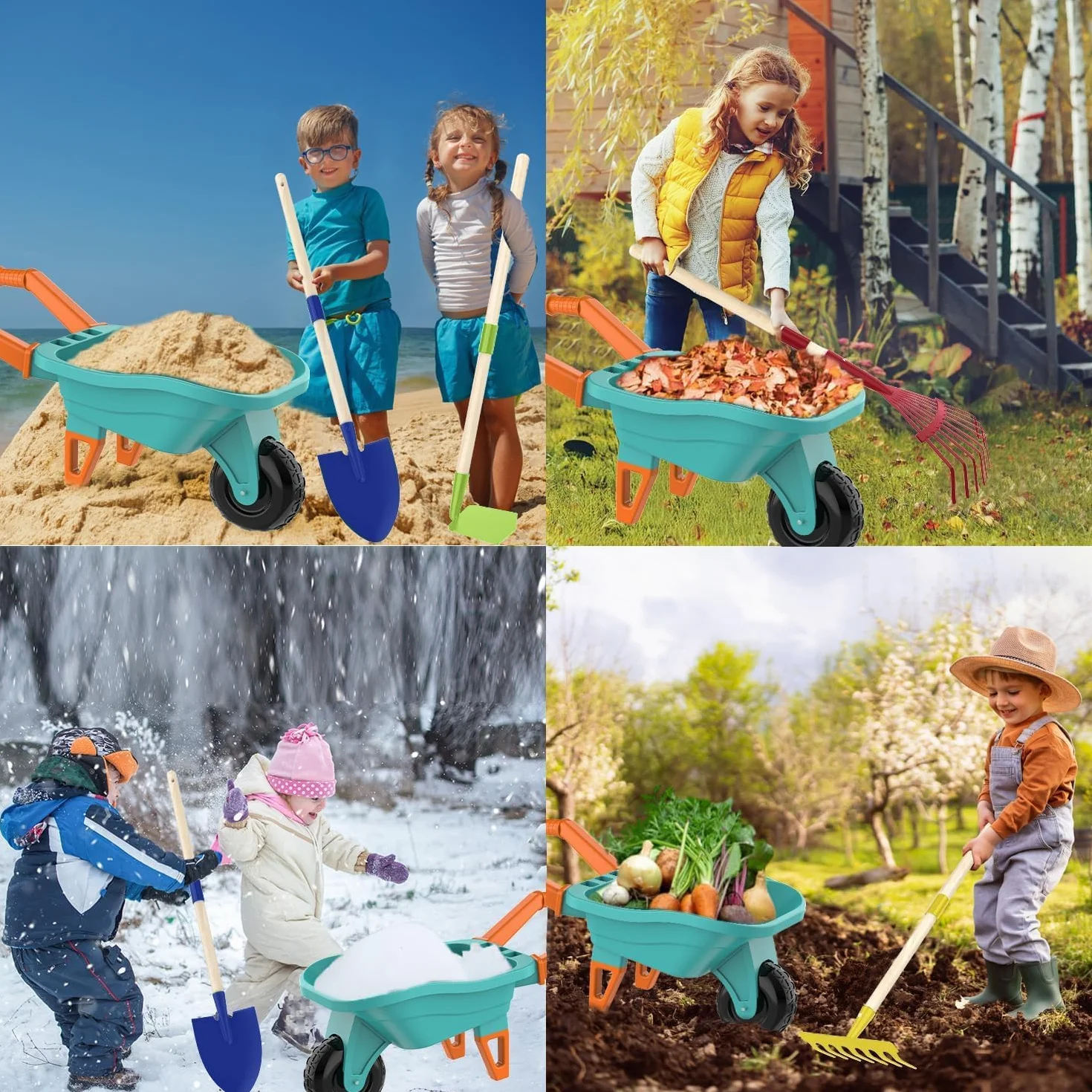 LATERN Juego de Herramientas de Jardinería para Niños, 70CM Carretilla con 70CM Metálica Pala Rastrillo Azada Hojas Rastrillo 20CM Pala Rastrillo Guantes para Exteriores Jardín Patio Césped Excavación