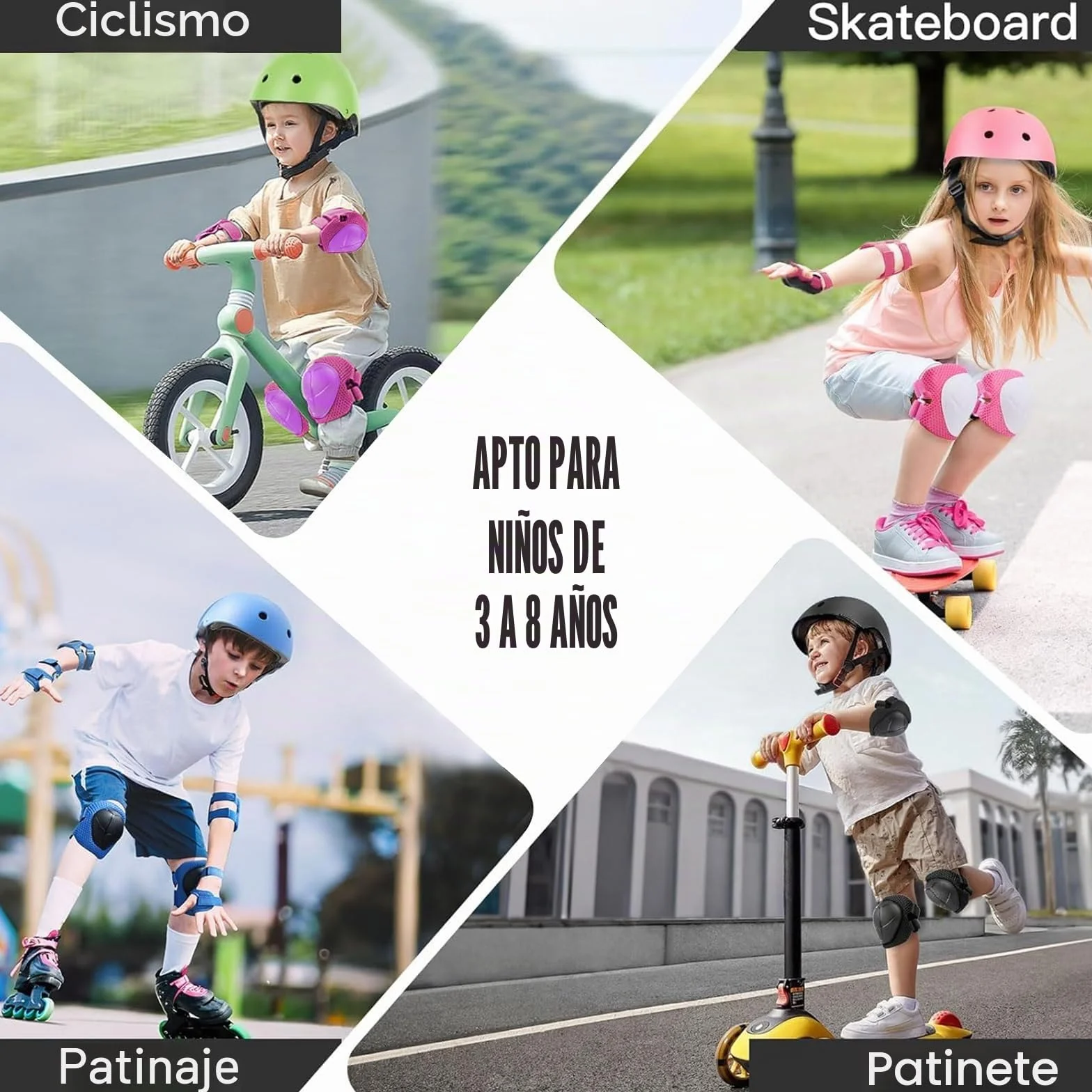 Rodilleras y Coderas para Niños 6 en 1 Ajustables para Monopatín, Patines, Hoverboard