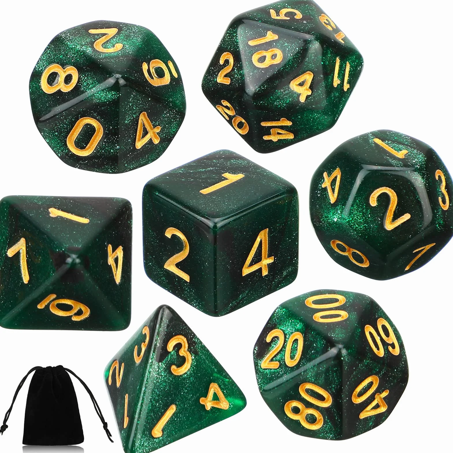 Set de 7 Dados Poliédricos DND con Bolsa Negra para Calabozos y Dragones de Juegos de rol RPG (Nebulosa Verde Negra)