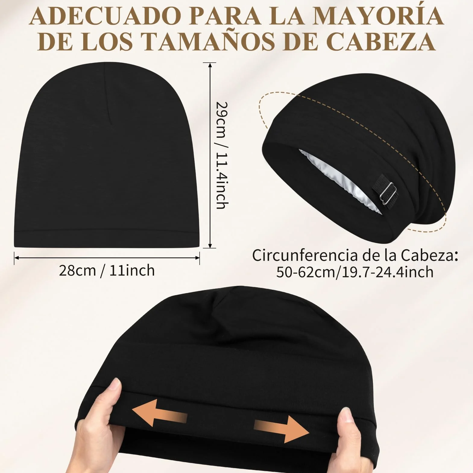 Gorro Satén para Dormir con Forro de Satén Ajustable Unisex Slouch Beanie Suave