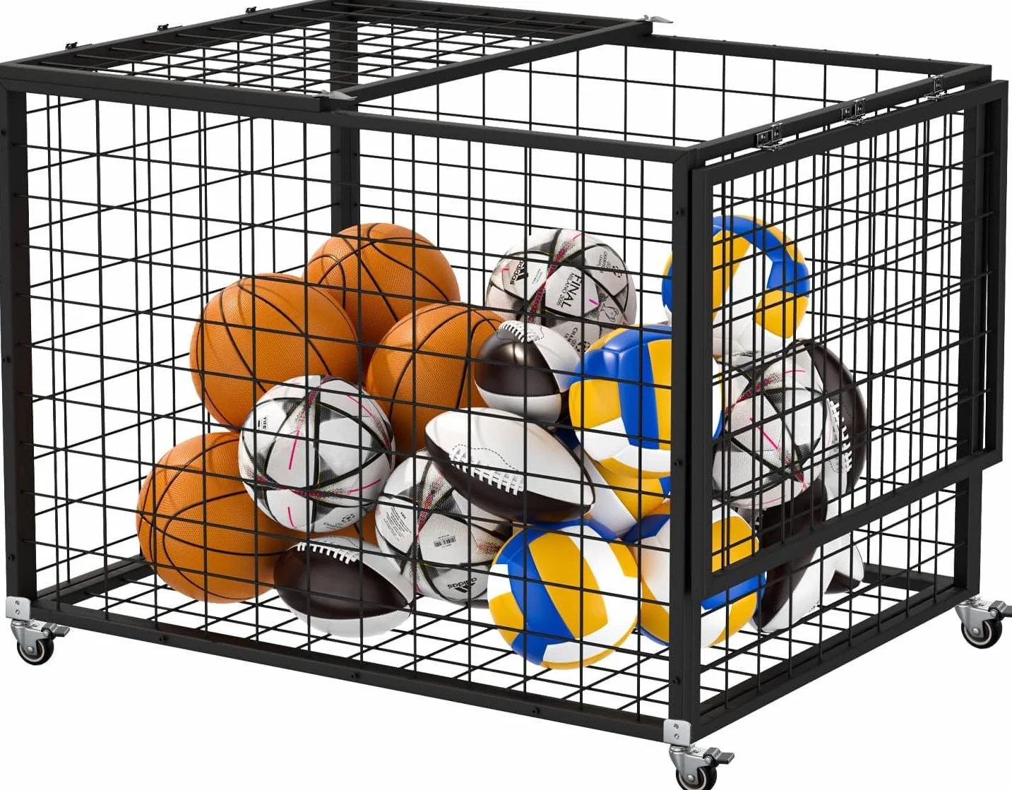 Carrito para balones deportivos con doble tapa con cerradura y ruedas para gimnasios, escuelas, clubes, baloncesto para interior y exterior