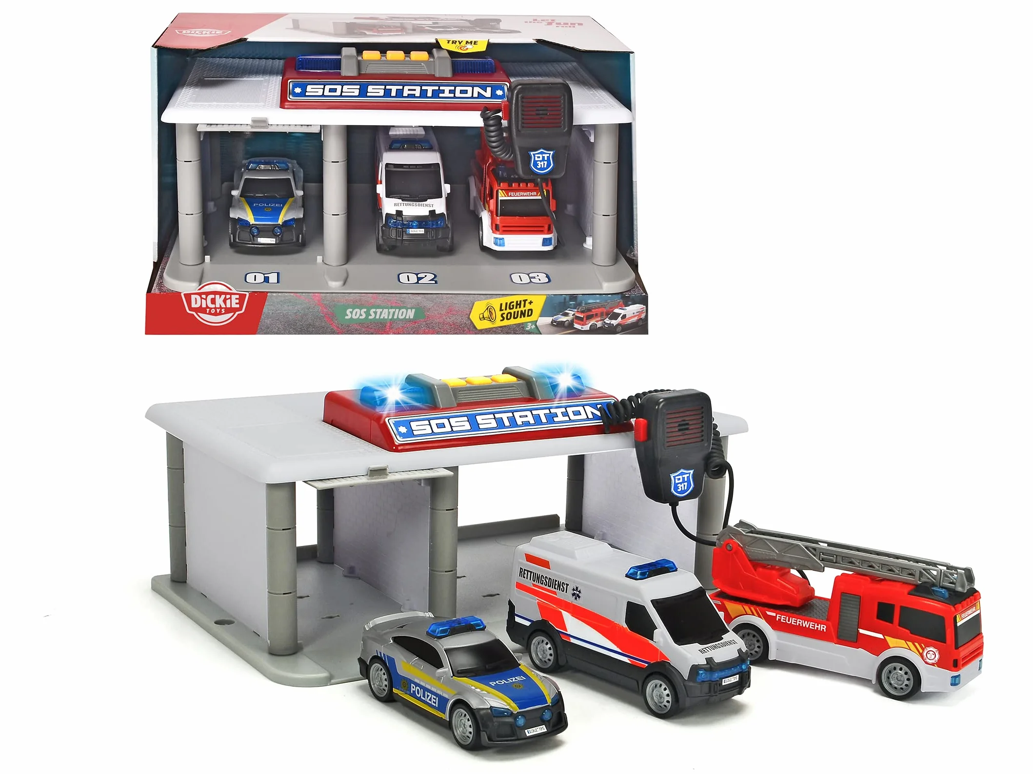 Dickie Toys – Estación de rescate - con coche de policía, camión de bomberos y ambulancia, guardia de rescate de juguete interactivo para niños a partir de 3 años