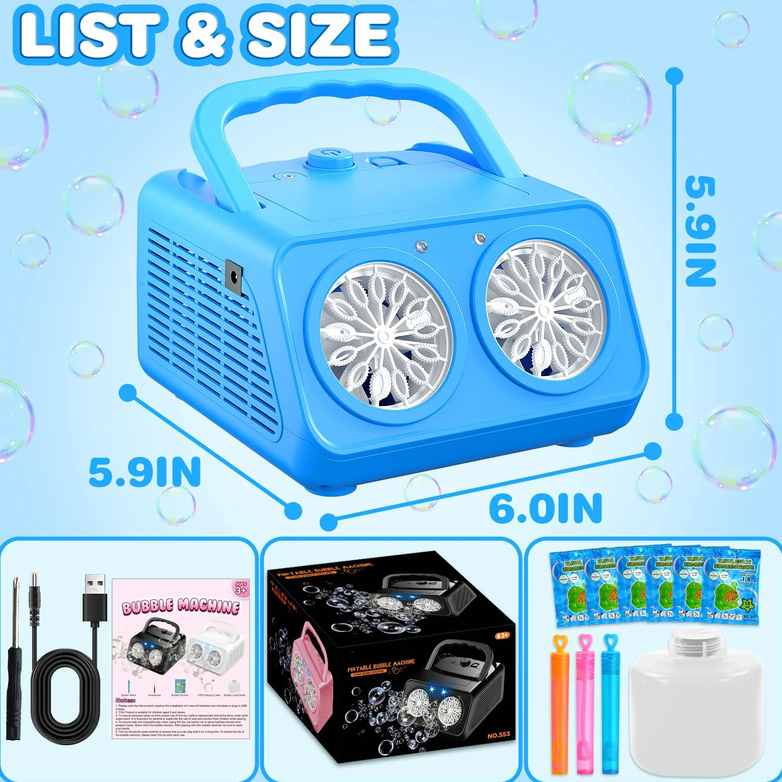 Maquina Burbujas, Más de 22.000 Burbujas por Minuto, Bubble Machine Automatico, Portátil Maquina de Burbujas para Niños Juguetes Regalos para Cumpleaños Fiestas Boda Exteriores (Azul)