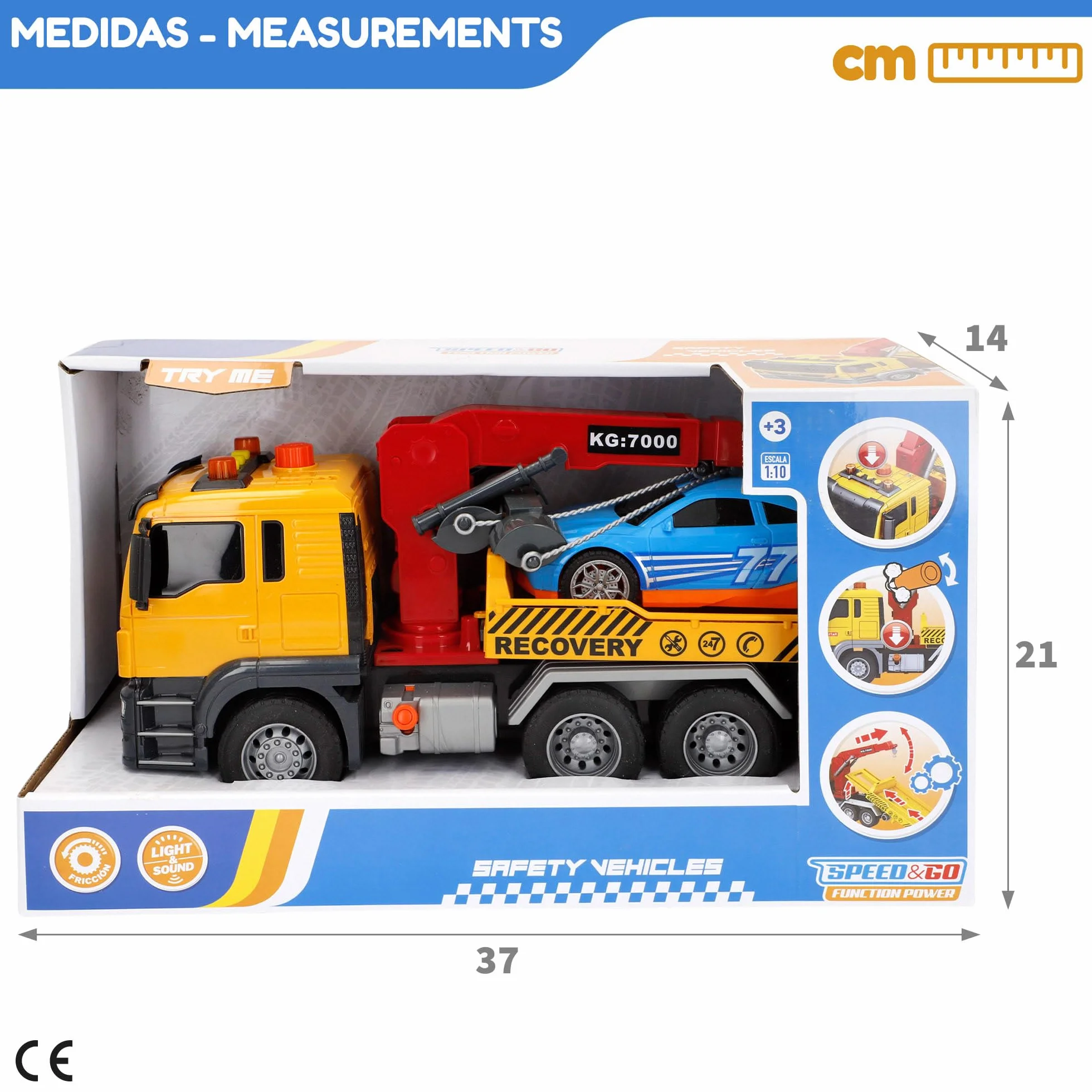ColorBaby 39058 Speed & Go Camión grúa Juguete, con Luces y Sonidos, Brazo Extensible, Interactivo, Sistema de fricción, Escala 1:10, Coches para niños a Partir de 3 años