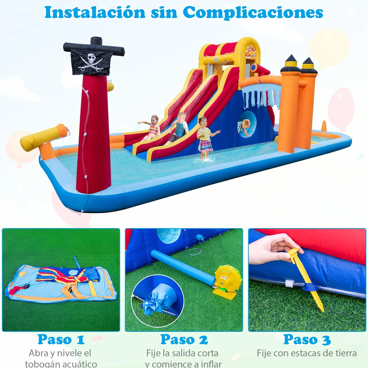 COSTWAY Castillo Hinchable Acuatico, 4 en 1 Castillo Hinchable para Niños 3-10 Años con 3 Niños, 693 x 295 x 263 cm, Seco y Agua, Insuflavel Crianças Interior Exterior