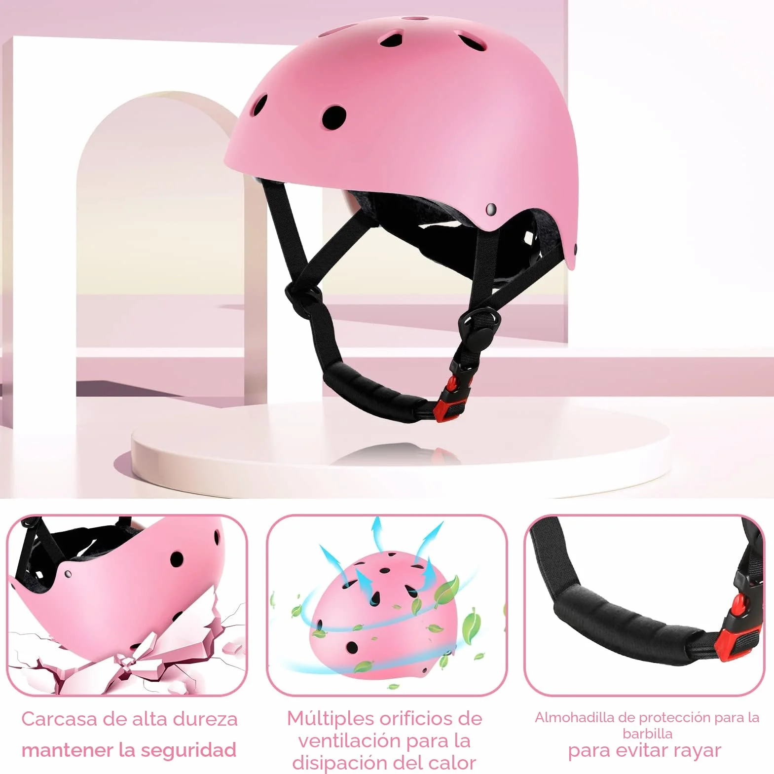 WayEee Equipo de Protección Infantil 7PCS Casco Rodilleras Coderas Muñequeras Ciclismo Patinaje Rosa