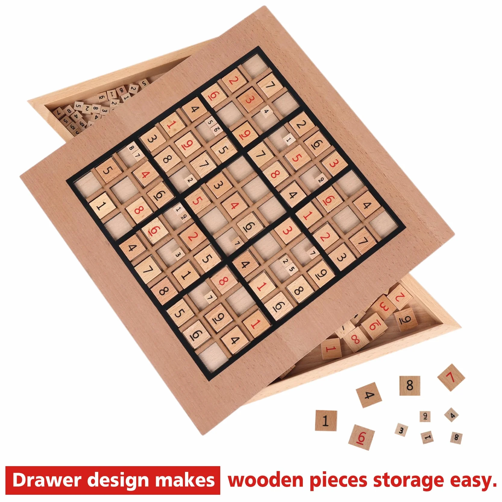 Juego de Sudoku de Madera con 90 Fichas de Números Grandes y 2 Cajones