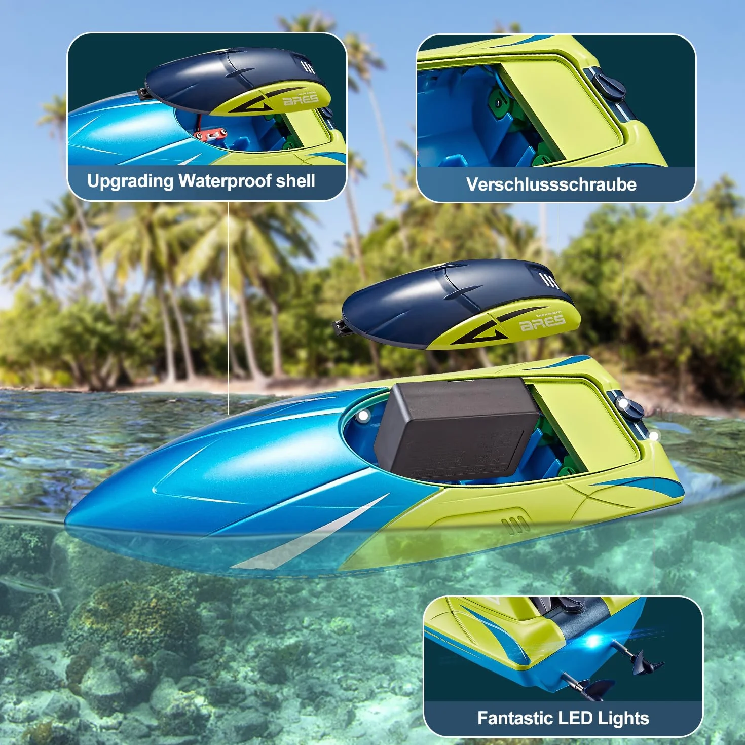 4DRC Barco RC con luz LED, más de 30 Minutos, para Piscinas y Lagos más de 20 mph, Barcos de Carreras de 2,4 GHz, 2 baterías,Juguete de Piscina para niños a Partir de 8 años