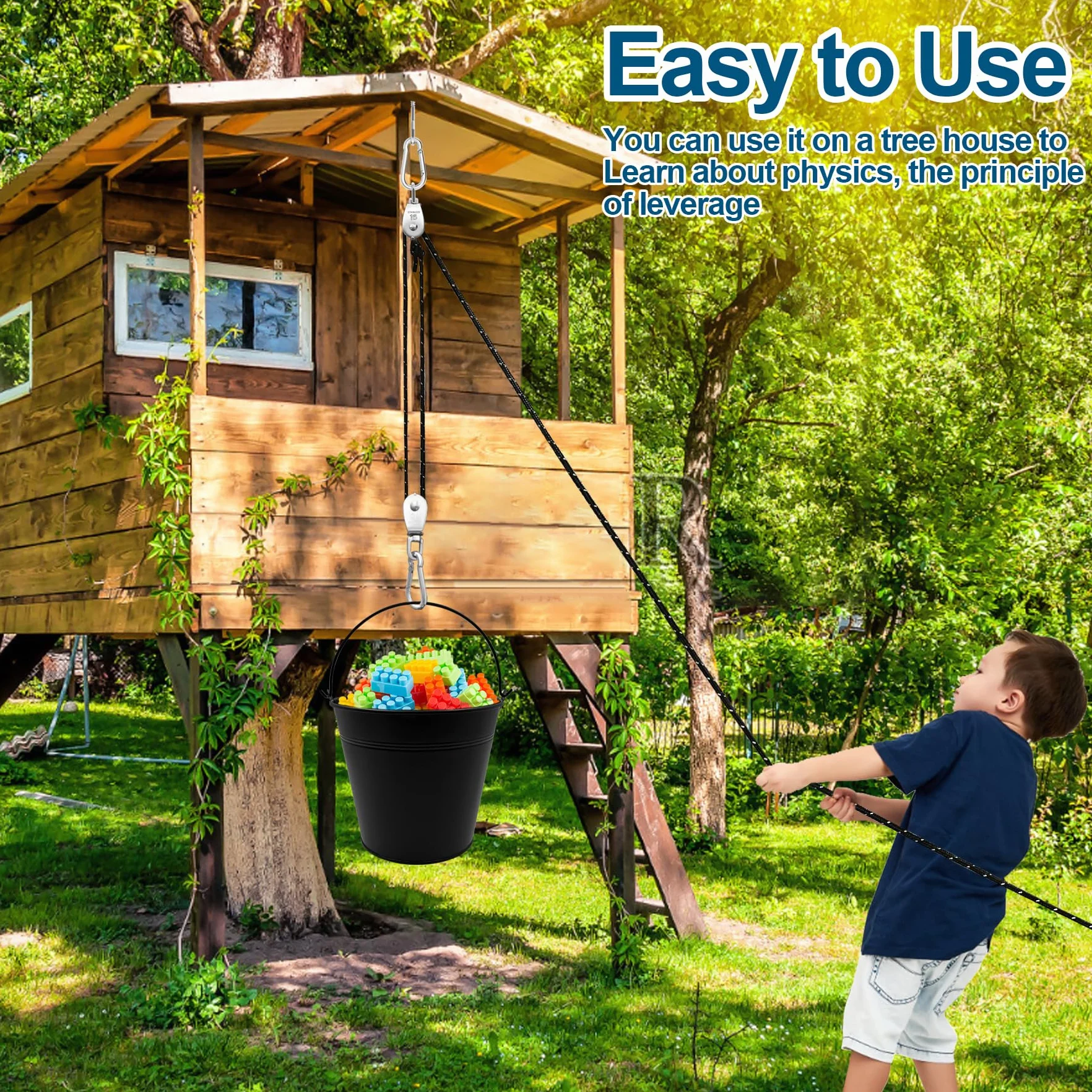 TZEKING Polea para Niños,Polea con 2 Cubo de Metal,Accesorios de casa de árbol para niños,polea con Cable de Cubo,Sistema de Polea para Niños,polea para niños,para Niños y Niñas a Partir de 3 Años