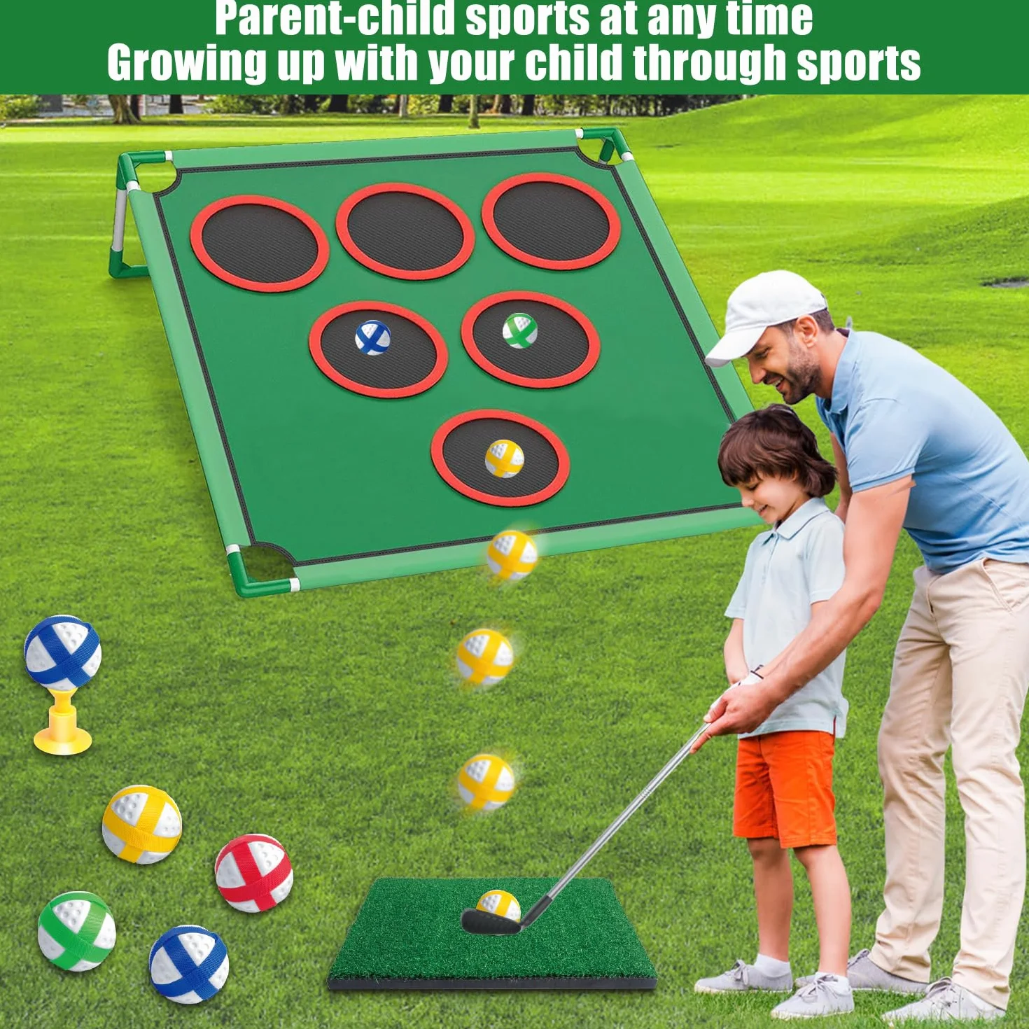 Mostop Juego de juego de golf – Juego de Cornhole para patio trasero incluye alfombrilla de putt, 20 bolas adhesivas, 6 fundas de agujero, bolsa de transporte, juegos de patio de golf para adultos