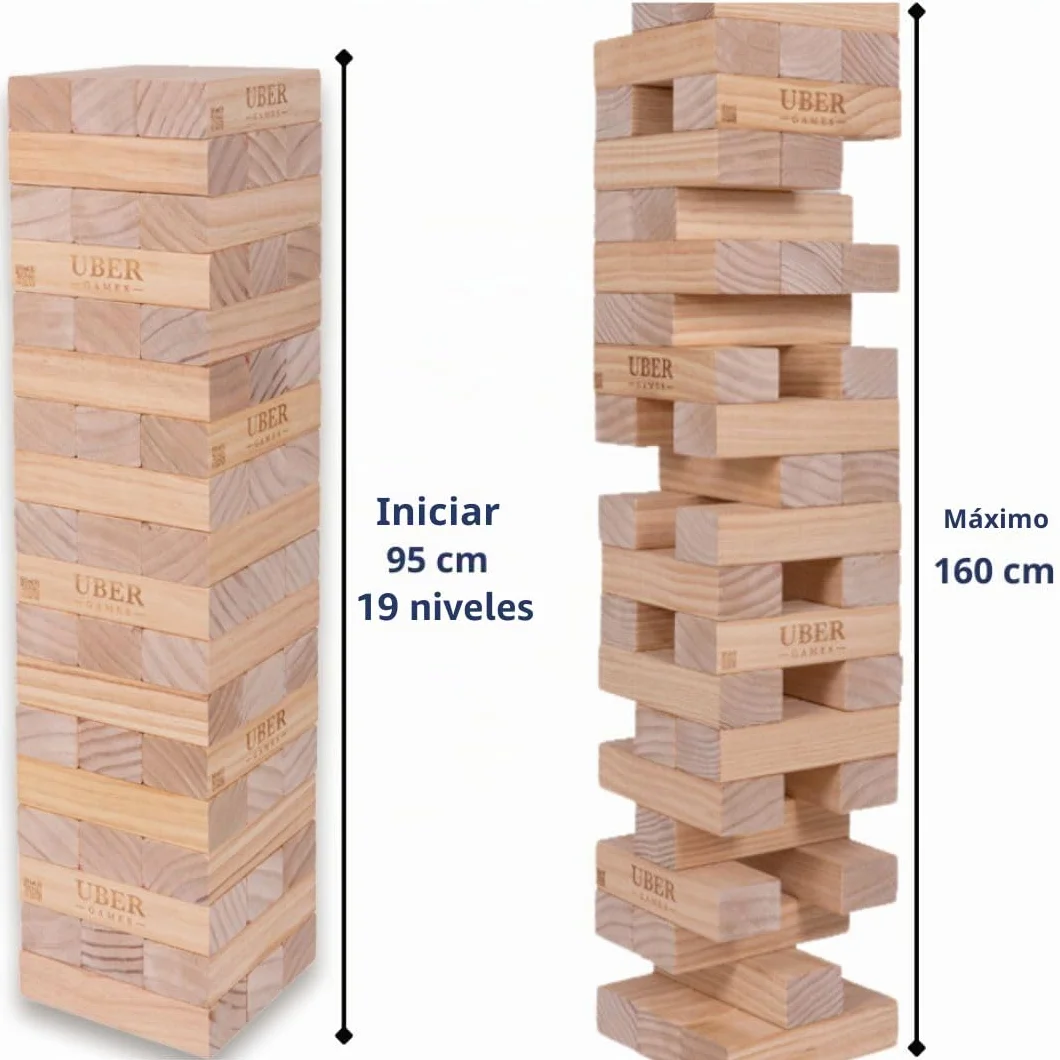Ubergames Torre gigante tambaleante de hasta 160+ cm XXL Jumbo Hi-Tower en bolsa – 1,6 m (máximo en el juego). Juego de torre de madera de pino macizo - Bloques extra de lujo y bolsa (hasta 160+ cm)