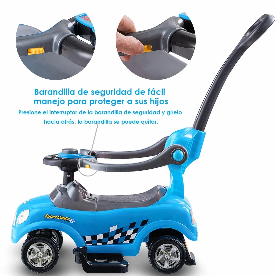 COSTWAY 3 en 1 Coche de Empuje Infantil, Coche para Niños de Pie con Barandillas Desmontables y Asa, Bocina, Espacio de Almacenamiento Oculto y Diseño Antivuelco para Niños de 2 a 6 Años (Azul)