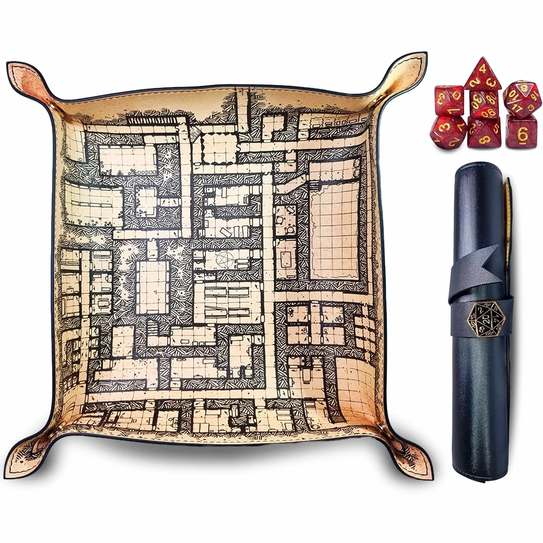 Dungeon Tablero y Bandeja para Tirar Dados con Mapa + Juego de 7 Dados Rol, D&D, Tapete, Dungeons and Dragons, Dragones y Mazmorras, DND, Poliedricos