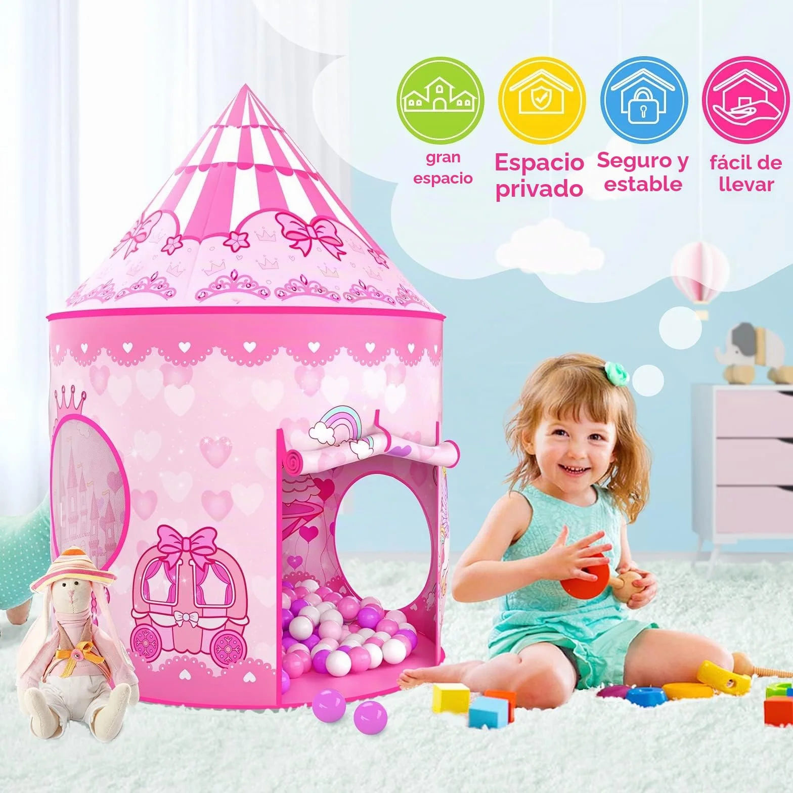 Wilwolfer Tienda de Campaña Infantil Pop-up+Túnel de Juego Infantil+Piscina de Bolas Bebé - 3-en-1 Tienda de Juego para Niños Niñas - Gran Casita Infantil Interior y Exterior