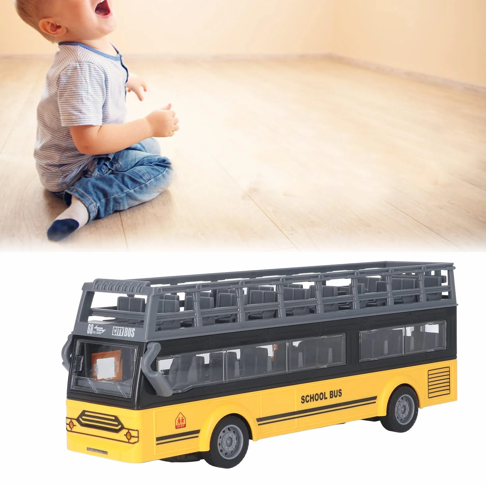Autobús de Control Remoto, 4 Canales Electrónicos, Puertas de Apertura, Función de Aceleración, Autobús RC de Dos Pisos para Niños de 3 Años en Adelante (Autobús Escolar QH204 7)
