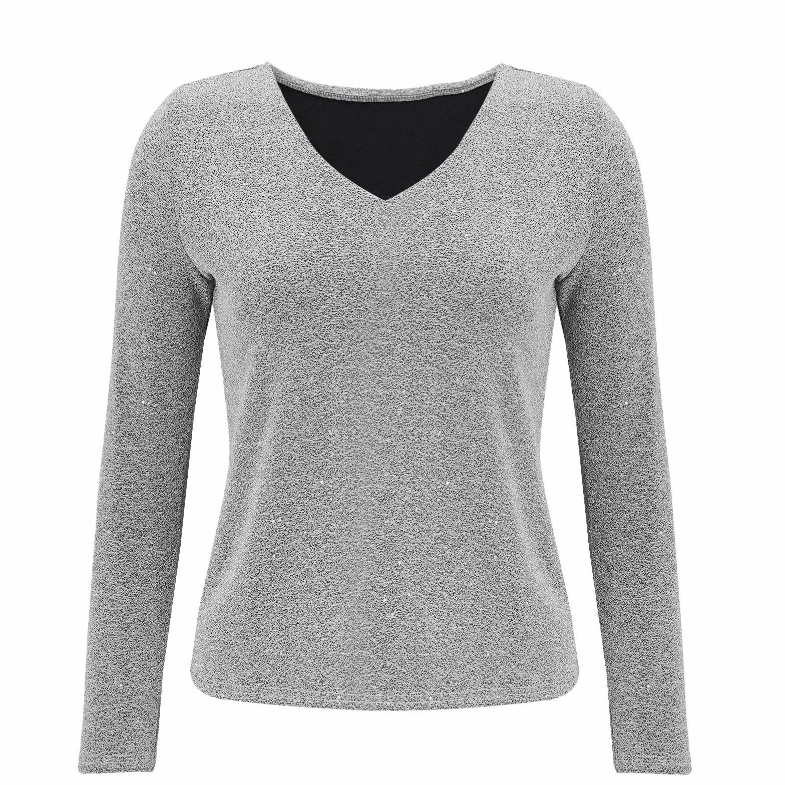 Jersey de lentejuelas para mujer elegante camiseta de fiesta manga larga cuello en V