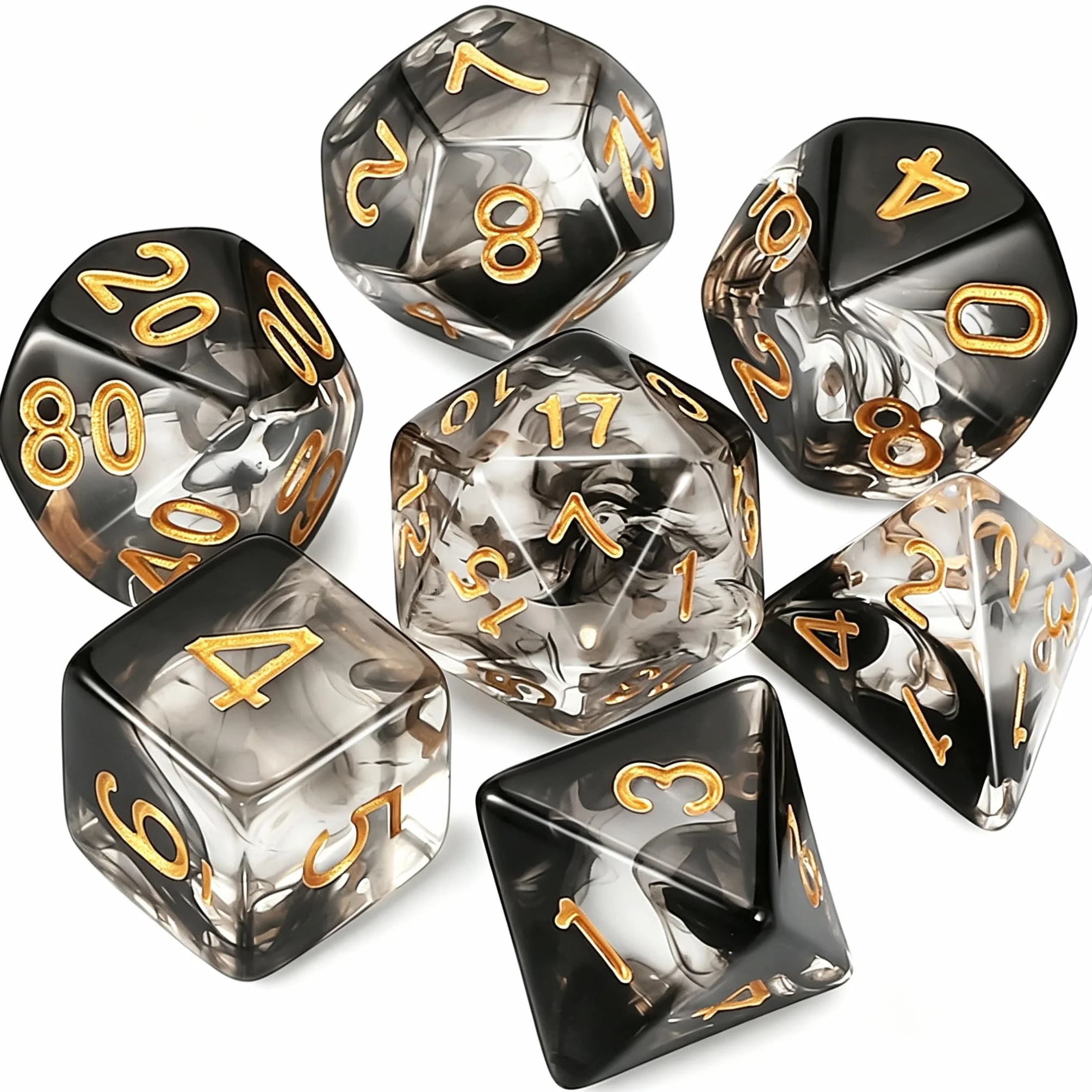 QMAY DND - Juego de dados poliédricos de 7 piezas para Dungeon and Dragons MTG RPG D&D D20, D12, D10, D%, D8, D6, D4 (seda flotante negra transparente)