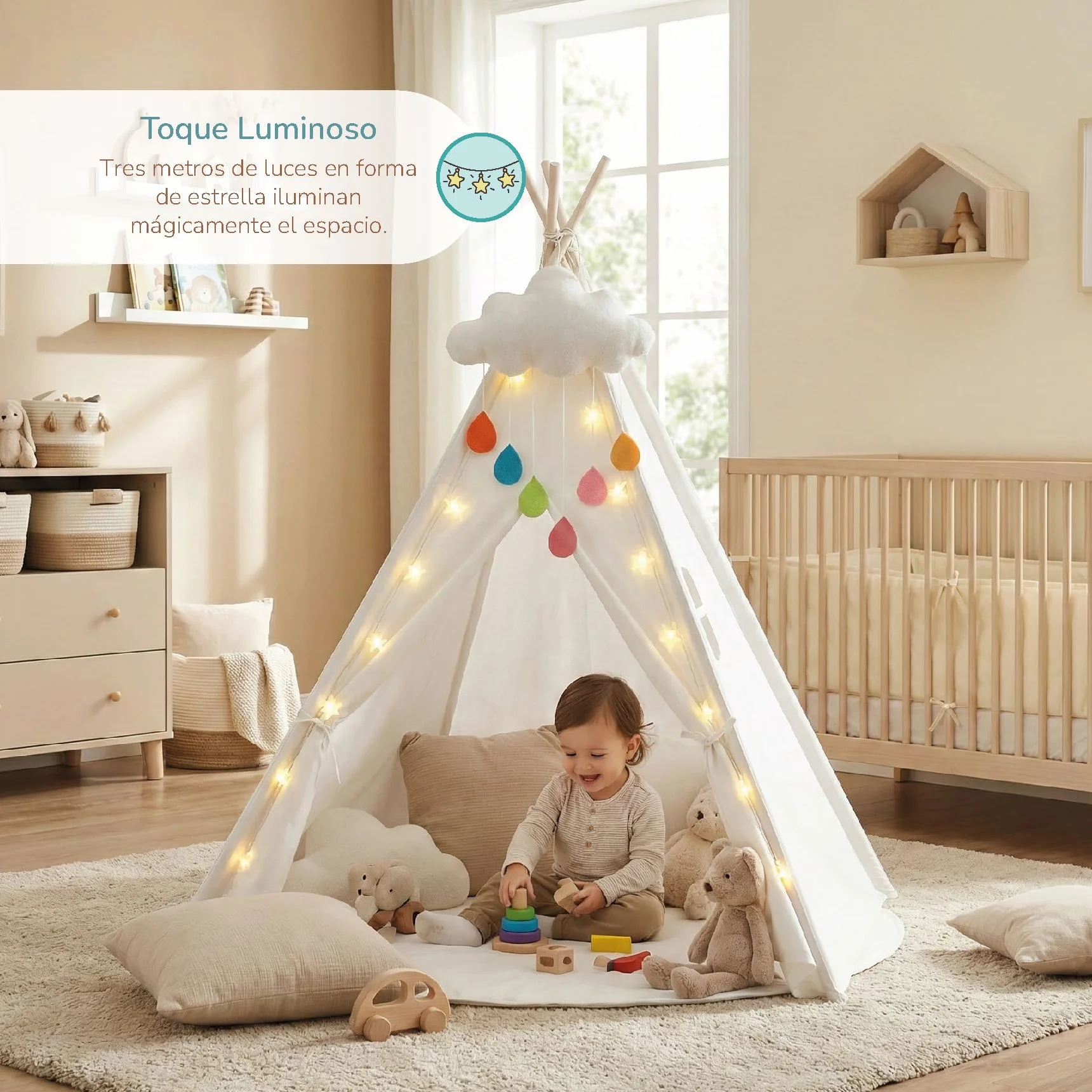 Buddy Baby Tienda Tipi 18 Meses Luces Decorativas Estrellas 3m Alfombra Antideslizante Peluche Nube Montaje sin Herramientas Anti-colapso Ventana Lateral