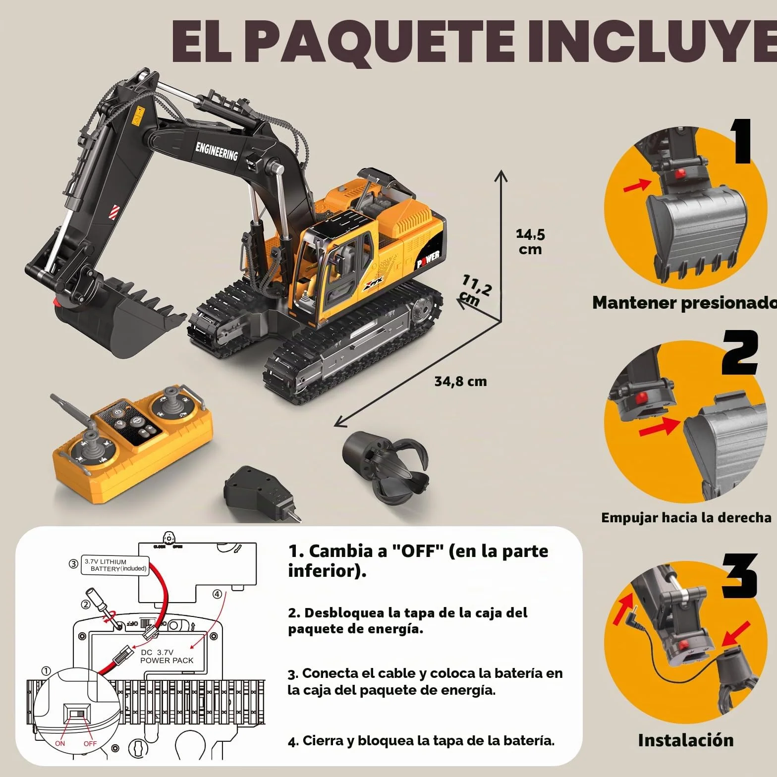 GraceDuck Excavadora Juguete RC 2.4GHz 3 en 1 Control Remoto Pala Aleación Trituradora Garra Giro 680°