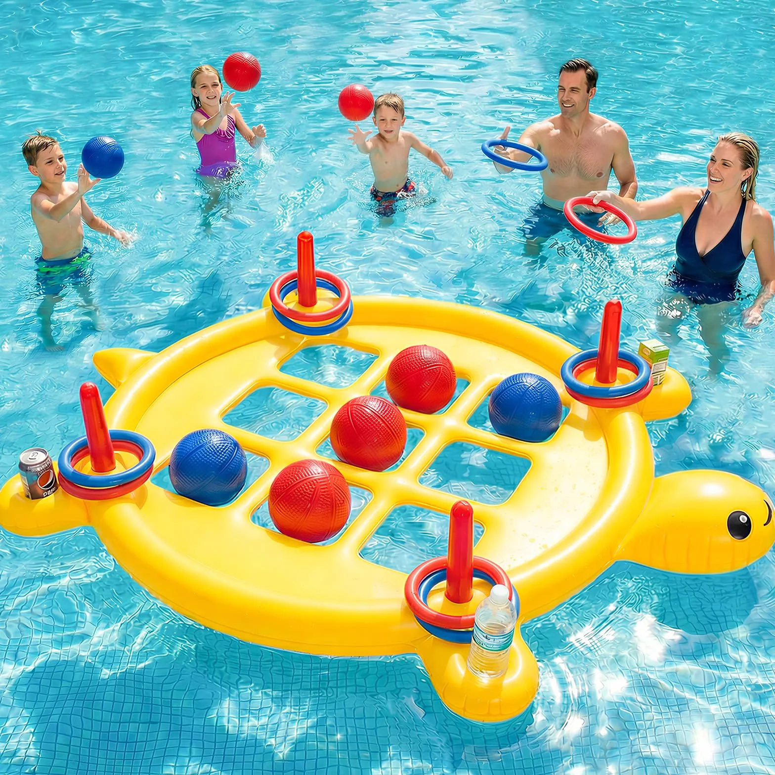 Juego 2 en 1 de Tres en Raya Hinchable con Lanzamiento de Anillas, 10 Pelotas y 10 Anillas, Flotante Gigante con Portavasos