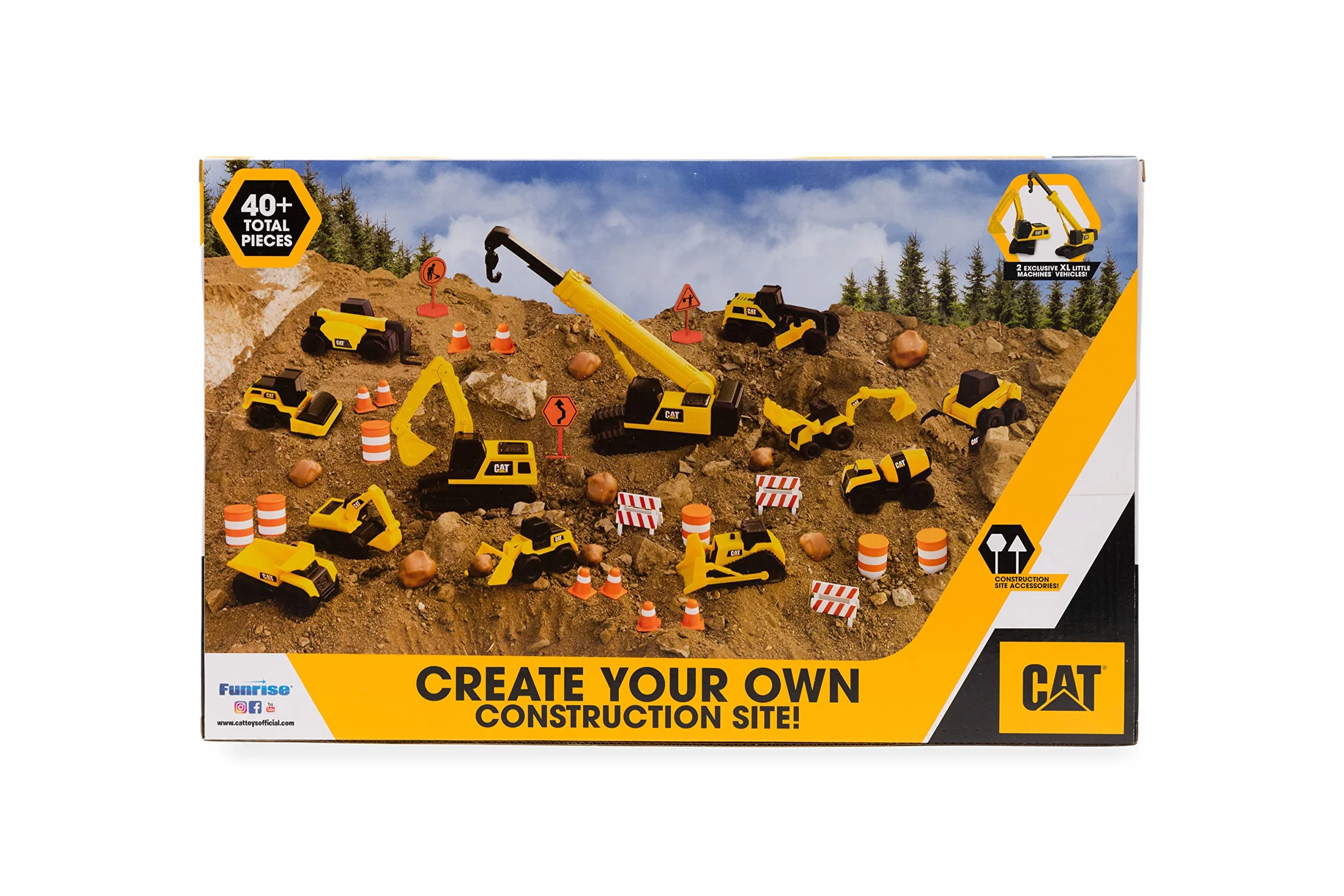 CAT Construction Toys, Little Machines Mega Set – 40+ Pieces with XL Crane & Excavator, 10 Mini Vehicles, Road Signs, Cones, Boulders & Barricades, Indoor/Outdoor STEM Toy for Kids Ages 3 +