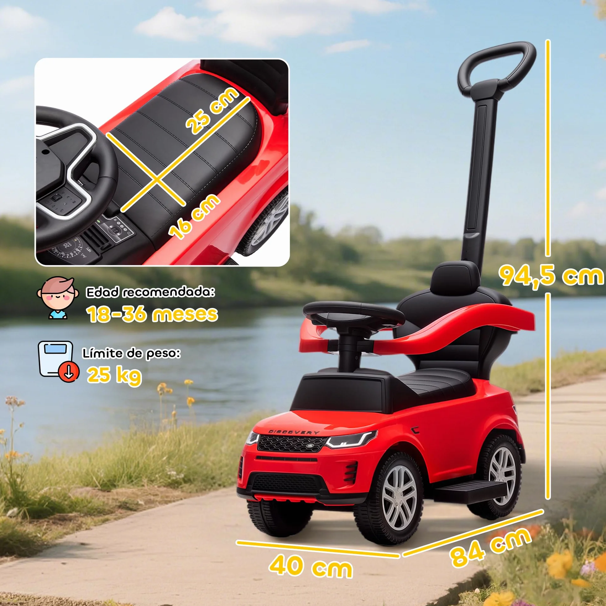 AIYAPLAY Coche Correpasillos 2 en 1 para Niños de 18-36 Meses Land Rover Discovery, Correpasillos con Espacio de Almacenaje, Bocina, Volante, Mango de Empuje y Barandilla Extraíbles, Rojo
