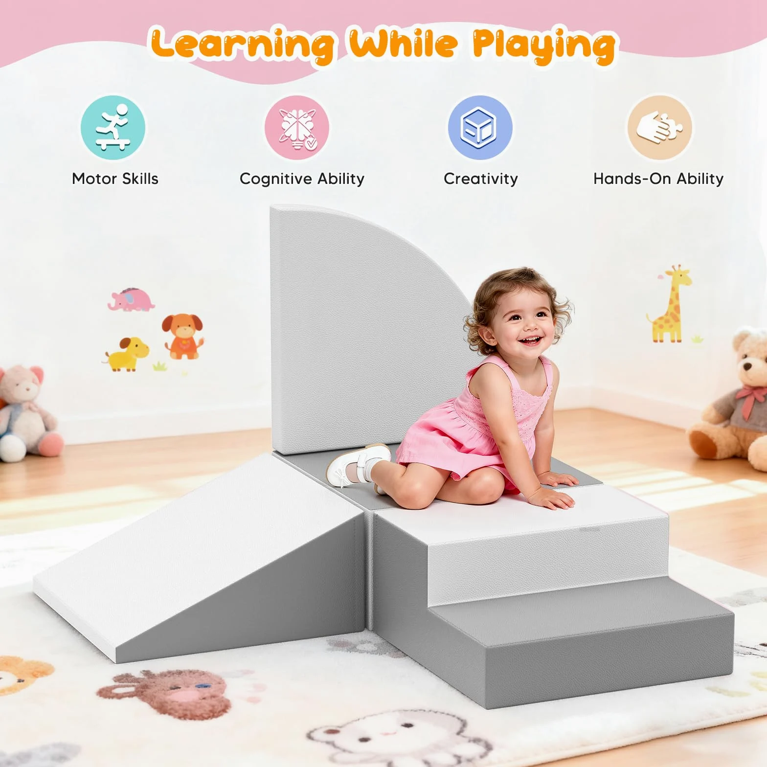 Bloques de Juego de Escalada de Espuma de 4 Piezas, combinables con Cierre de, Juguete Educativo para el Desarrollo de Interiores y guarderías (Gris y Blanco)