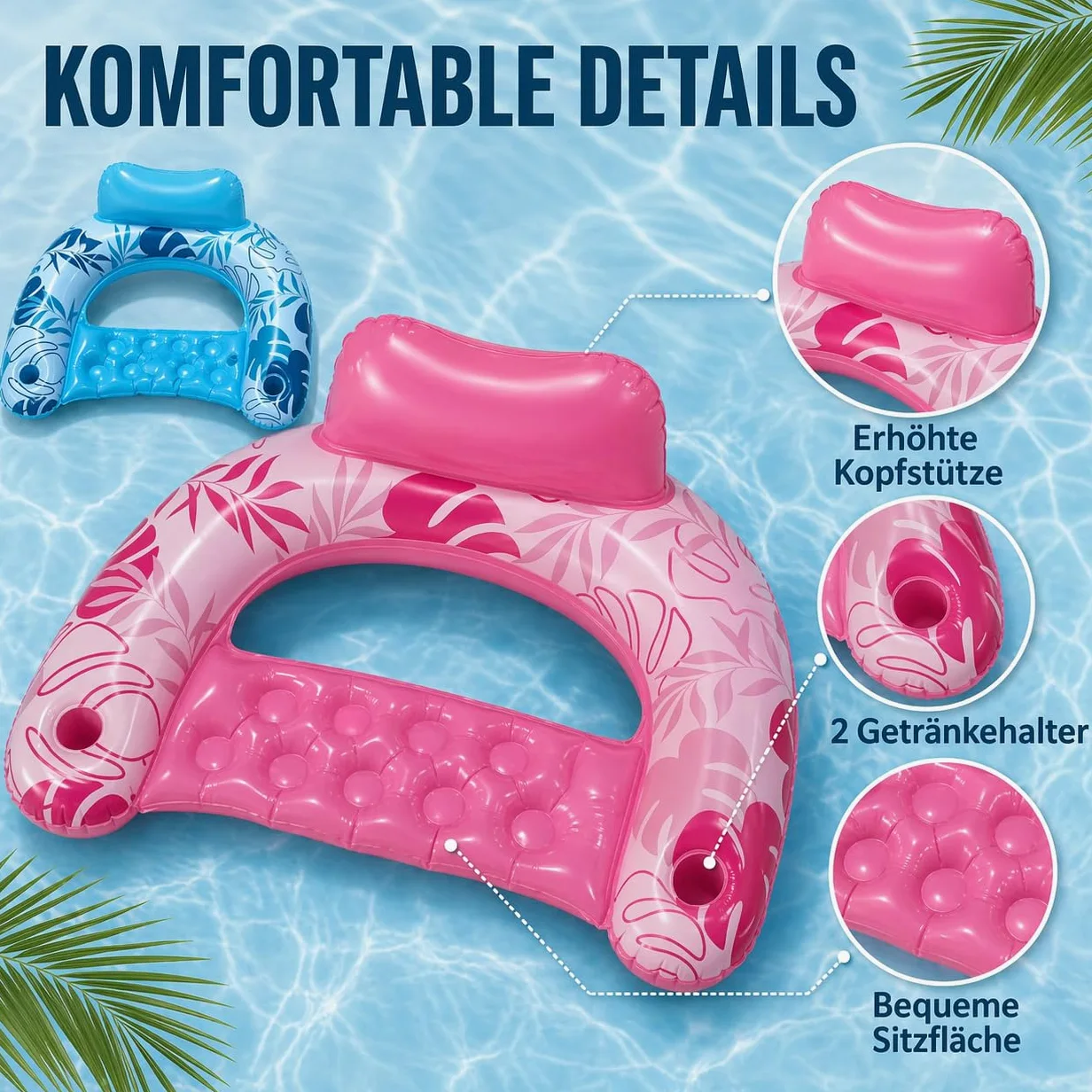 Colchón de aire para piscina, juguete de agua para adultos - Sillón portavasos | Hamaca hinchable para piscina, 2 unidades, color azul y rosa