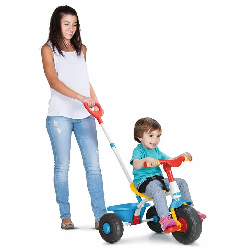 FEBER - Baby Trike, Triciclo para Niños con Estructura Metálica y Cinturón de Seguridad, 2 Posiciones, Silla de Empuje y Triciclo con Pedales, De 1 a 3 Años, Color Azul, Famosa (800012810)