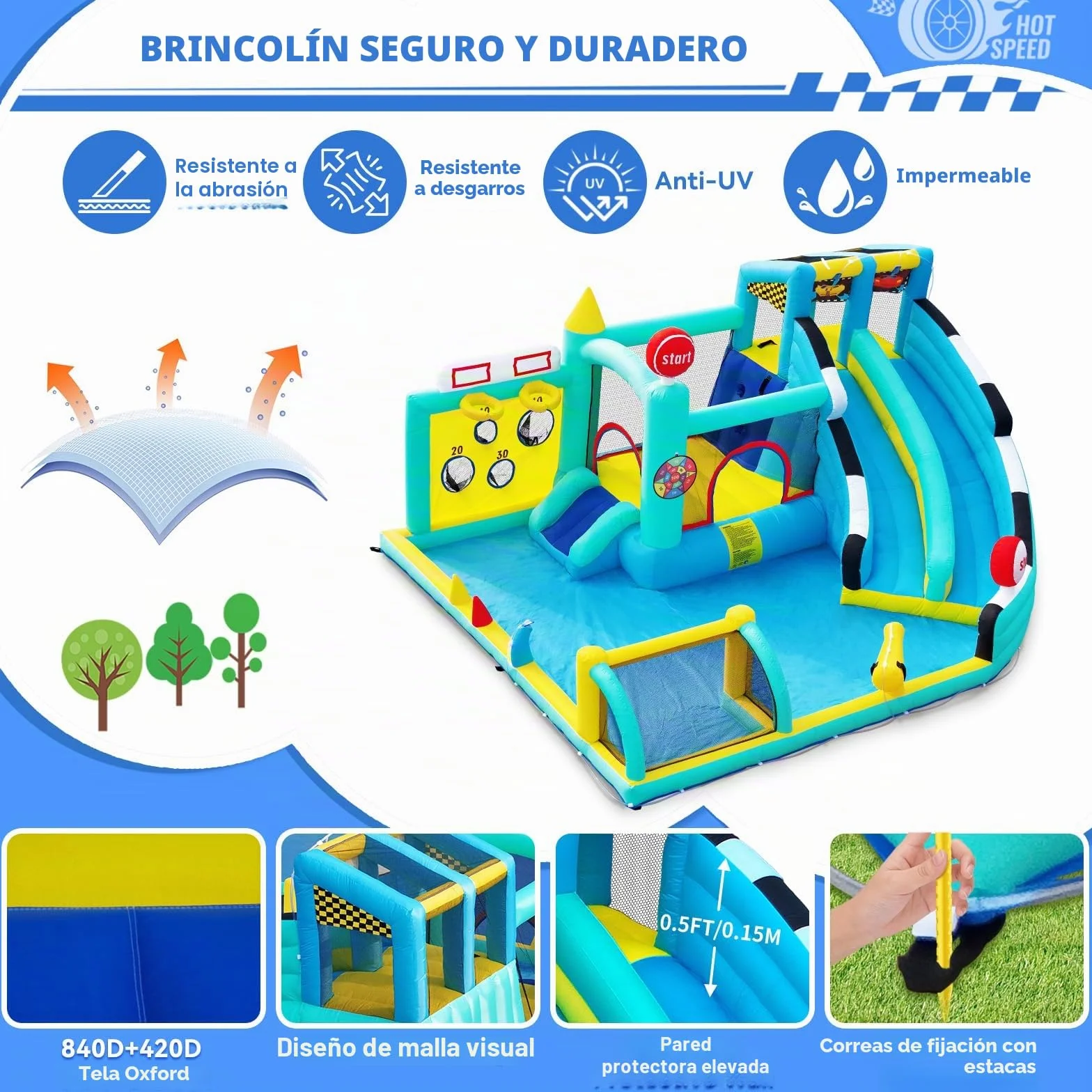 Castillo Hinchable Grande con Tobogán de Agua y Soplador, para Niños con Trampolín, Rocódromos, Baloncesto, Piscina, Peso 225 kg, para 4 Niños de 3 a 10 Años, 470×400×220 cm