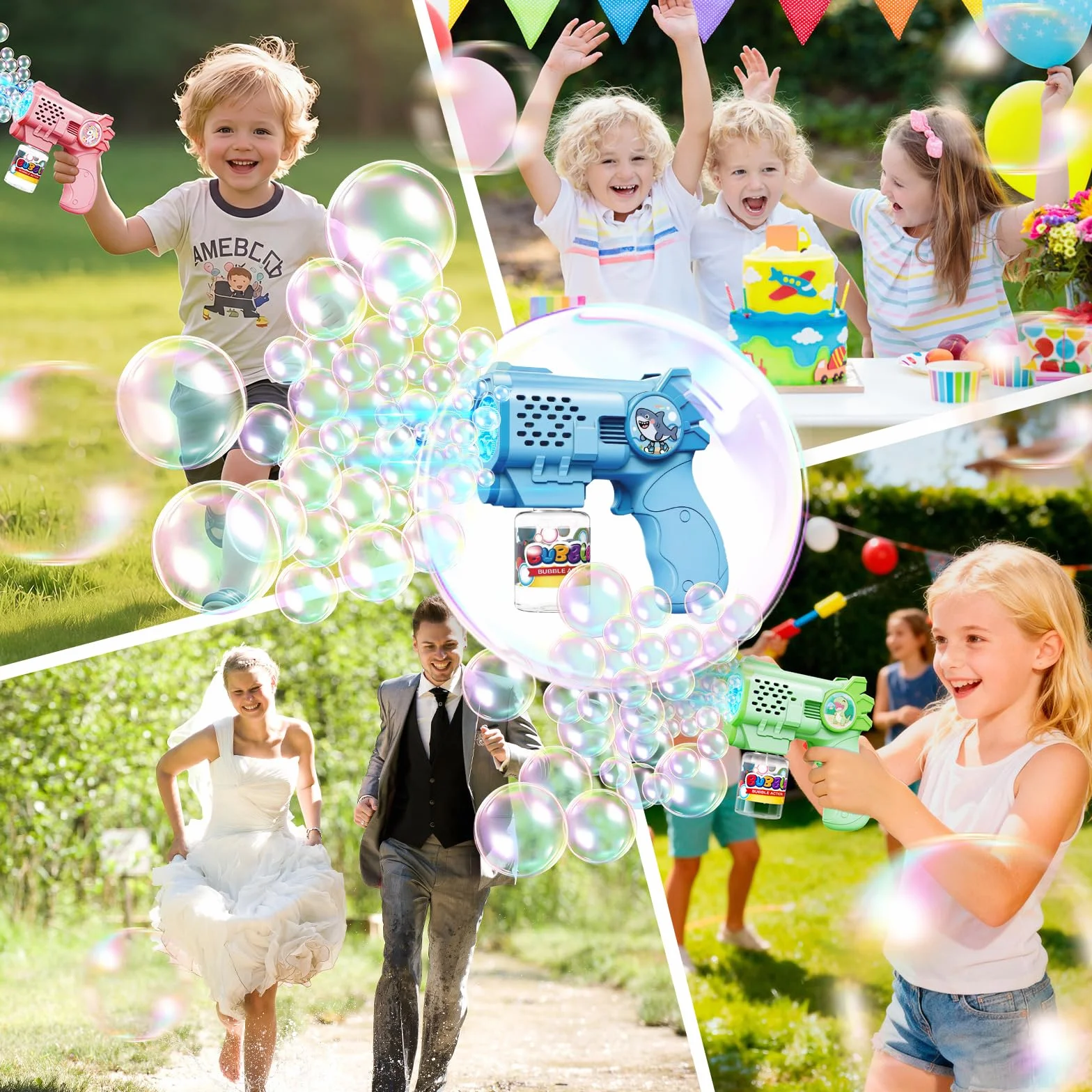 Tecnock Pack de 3 Pistolas de Burbujas Automáticas para Niños, 12 Pilas AA Incluidas, 3 Botellas de Solución y 5 Recargas, Ligeras, Antiderrames, Regalo de Cumpleaños y Detalles para Fiestas