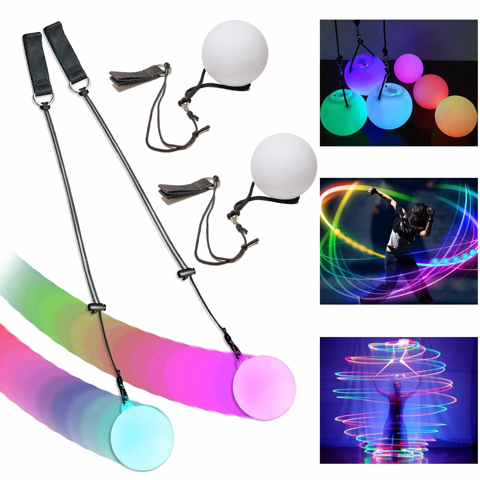 Juego de 2 bolas de poi LED luminosas, con colores arcoíris y efecto estroboscópico, juguetes de circo, juguetes spinning POI para niños y adultos