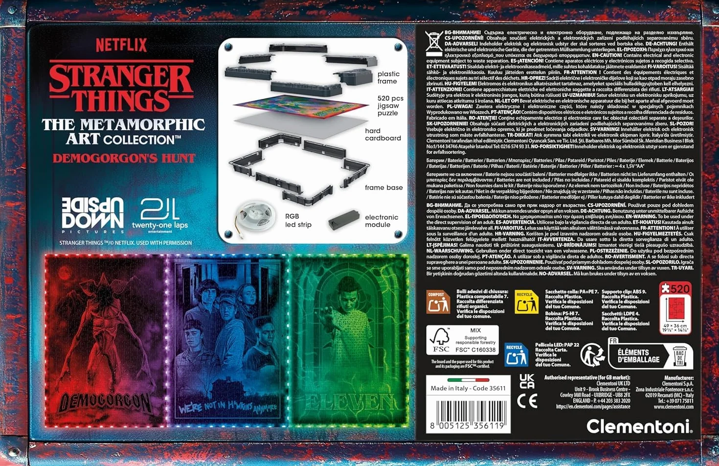 Clementoni - Puzzle Stranger Things - The DEMOGORGON'S Hunt, con luz LED: Rompecabezas de 520 Piezas, Escena Que Cambia de Color con Eleven contra Demogorgon