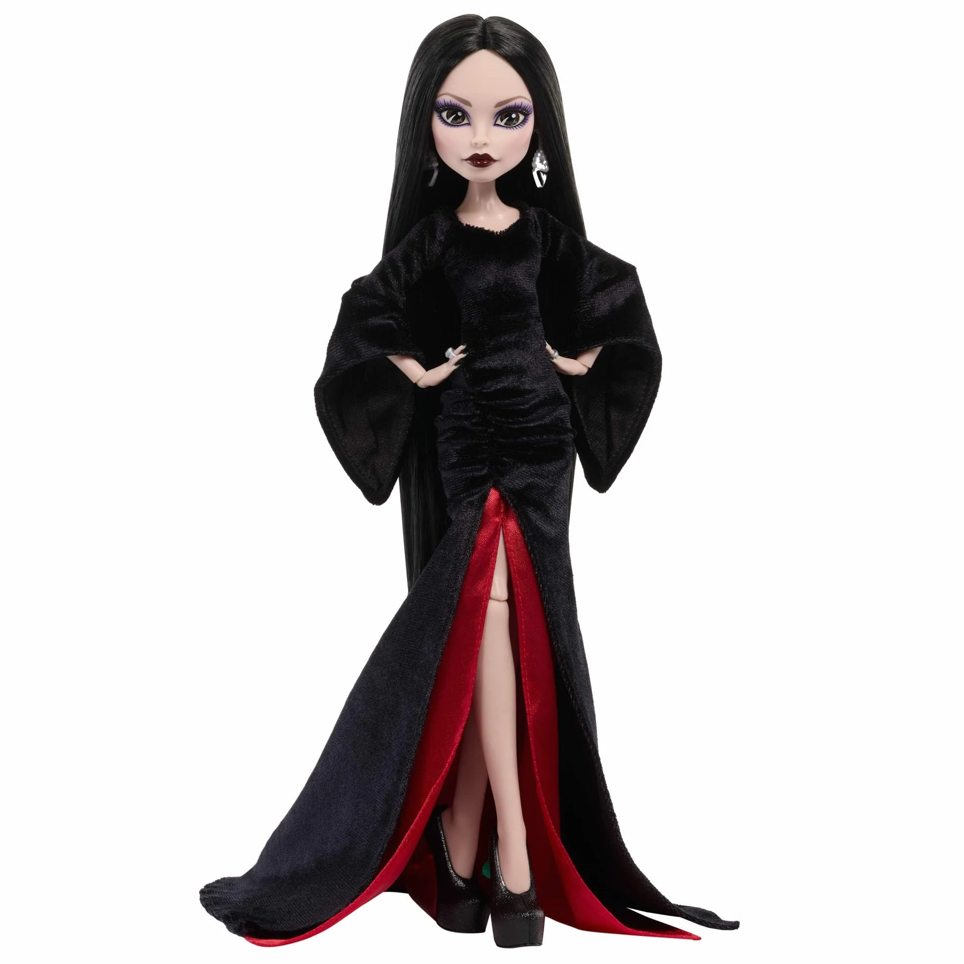 Monster High x Miércoles Muñeca Coleccionable de Morticia Addams con Vestido de Terciopelo Negro y carmesí con Joyas, Tacones inspirados en la Serie y Soporte para la muñeca, JLK99