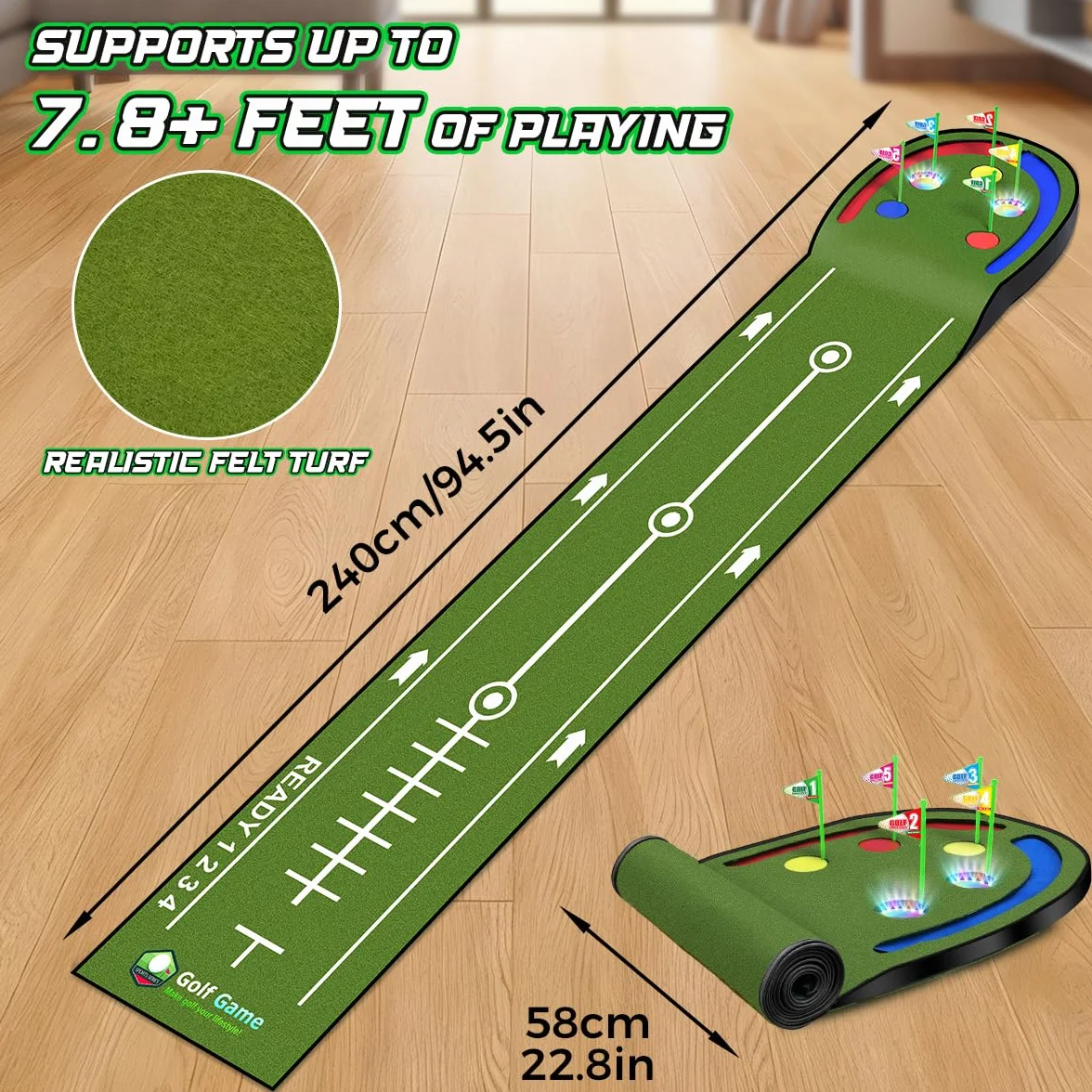 TERRAMUS - Tapete de Golf Mejorado para niños, Green de 2,3 m con Hoyos iluminados con LED, Bolas Brillantes, 2 Palos, Juego de Golf de Juguete, tapete de Golf para Interior y Exterior