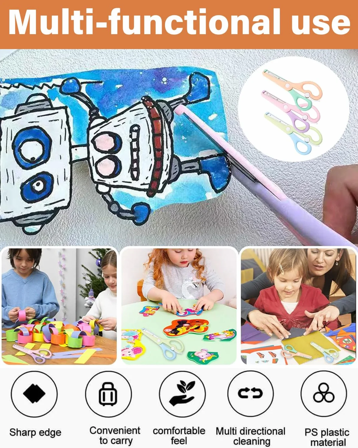 3 piezas Tijeras Infantiles con Dispositivo de Seguridad,para Niños y Revestimiento de Plástico,con Punta Redonda