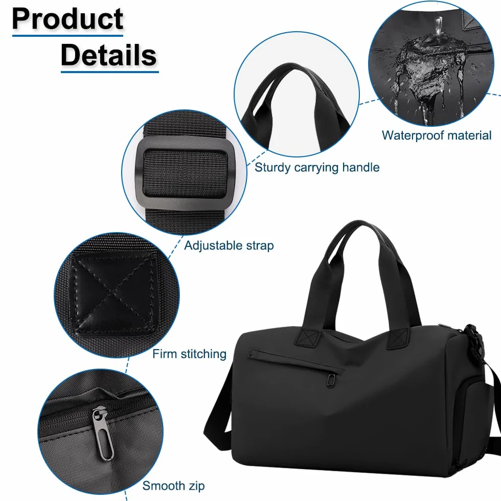 Bolsa Deporte con Compartimento Zapatos y Bolsillo Húmedo, Gym Bag para Hombre y Mujer, Viaje, Fitness, Entrenamiento (Noir)