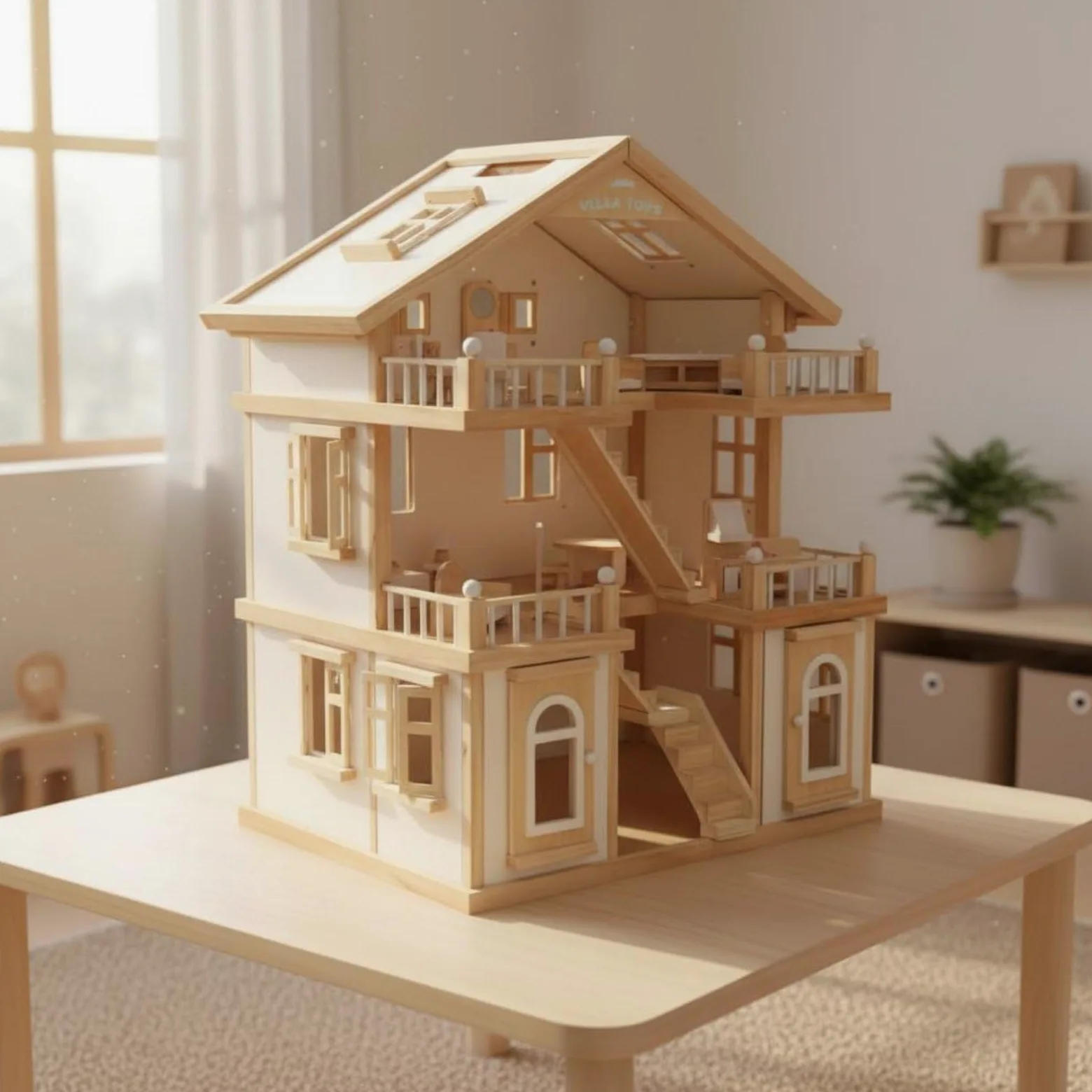 Casa de Muñecas de Madera Casa de Juego de Juguete Hogar en Miniatura Juego de rol Material de Madera con Detalles de Puertas y Techo Adecuada para Niños Educativa Hogar, Blanco