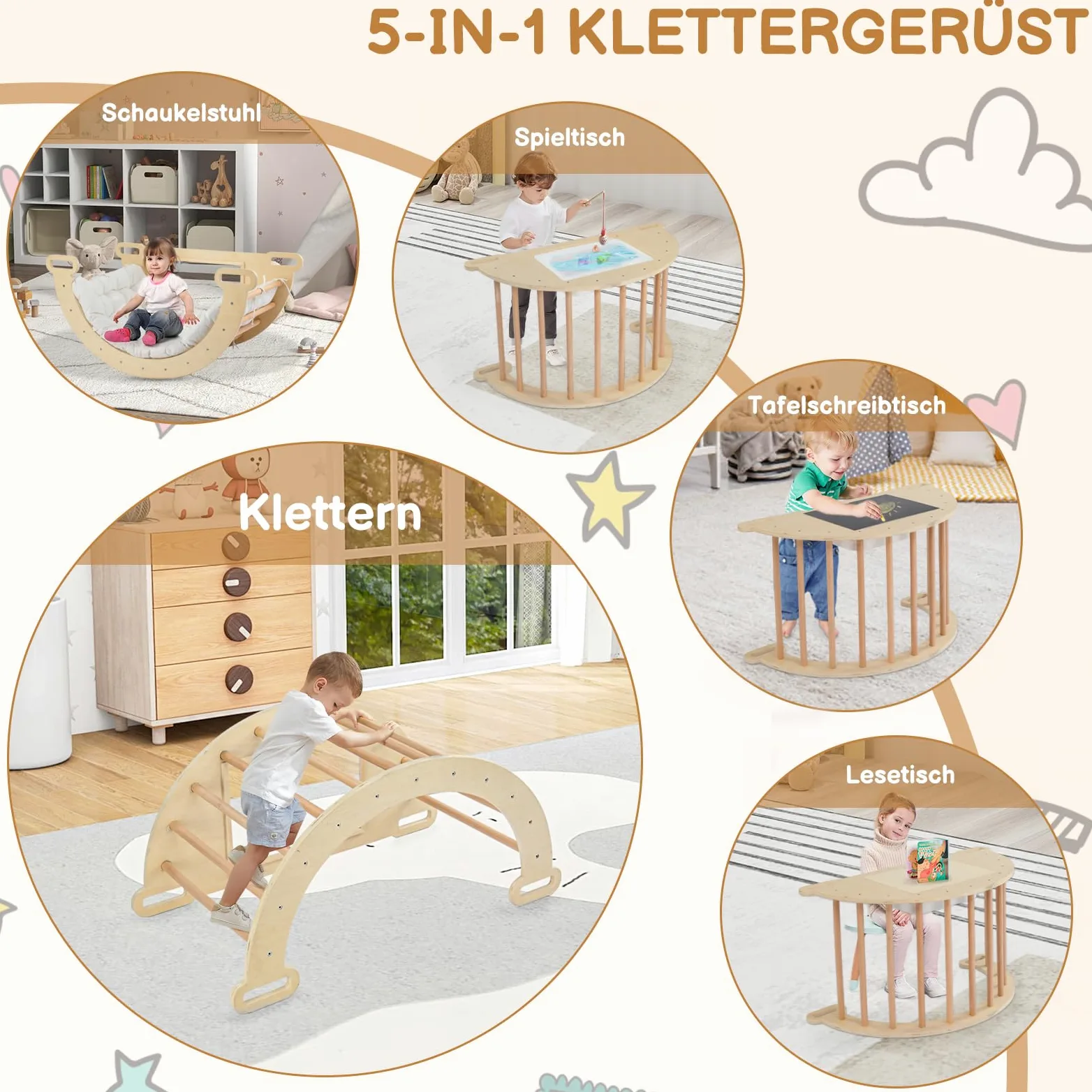 LEADZM Arco de escalada 5 en 1 para niños, mecedora con cojín y mesa sensorial, juguete de escalada Montessori con bandeja plegable y pizarra, centro de juegos motrices para bebés