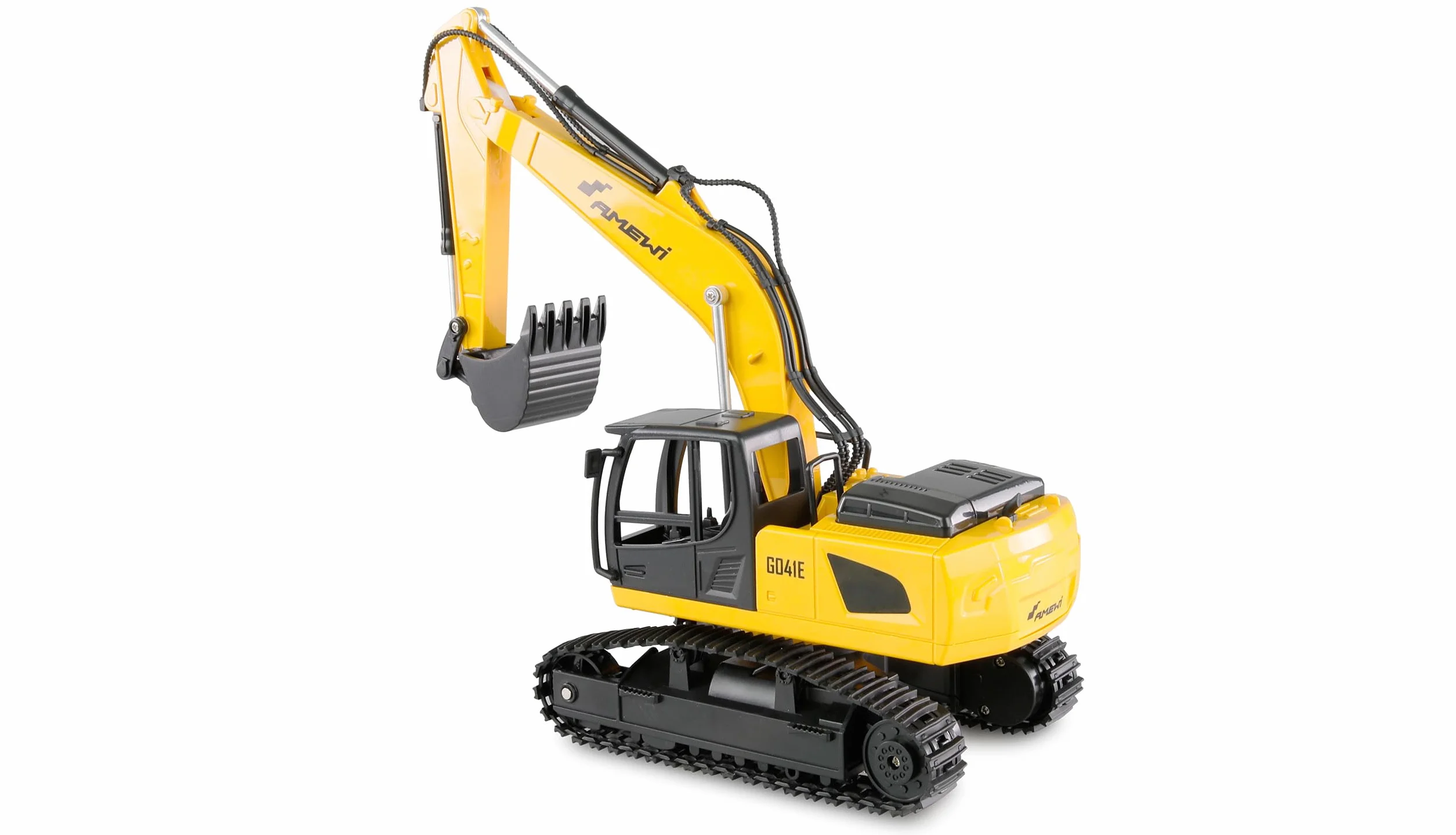 Amewi Juego de camión 2 en 1 con camión de Carga Baja y Excavadora 1:24 RTR teledirigido RC Obras para niños de 8 años, Color Antracita, Negro y Amarillo