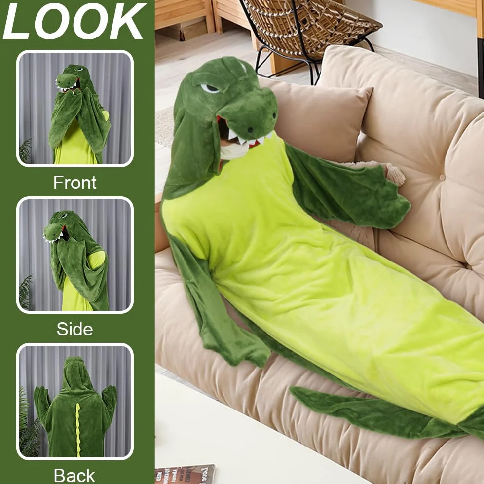 Saco de Dormir de Cocodrilo, Saco de Dormir con Cremallera de Cocodrilo，Dormir de Franela Súper Suave y Acogedor con Capucha y Cola