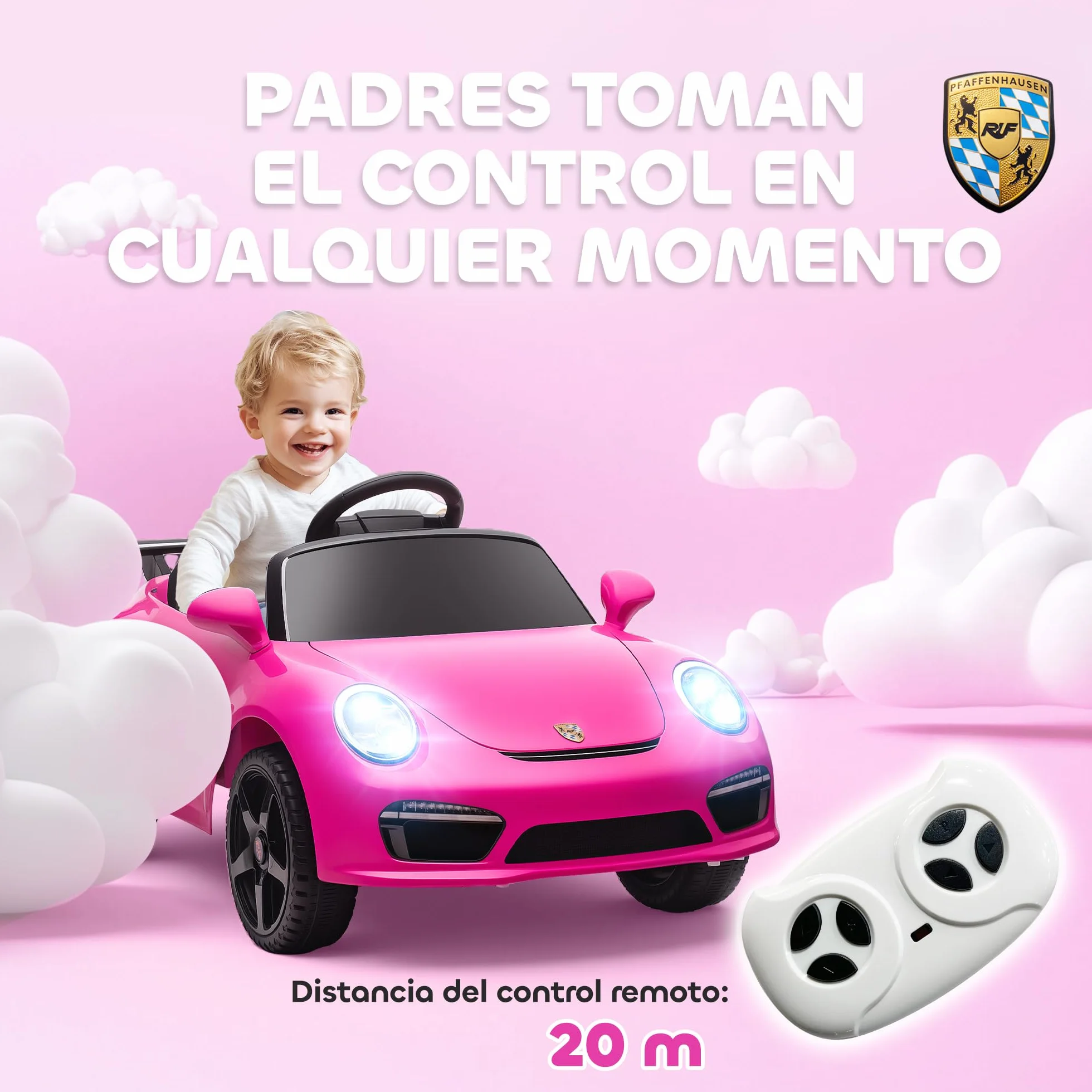 AIYAPLAY Coche Eléctrico para Niños con Licencia RUF CTR 3 Clubsport, Coche de Batería 12V, con Mando a Distancia 2,4 G, Motor Doble, Música Inalámbrica, Bocina, Ruedas Auxiliares y Faros LED, Rosa