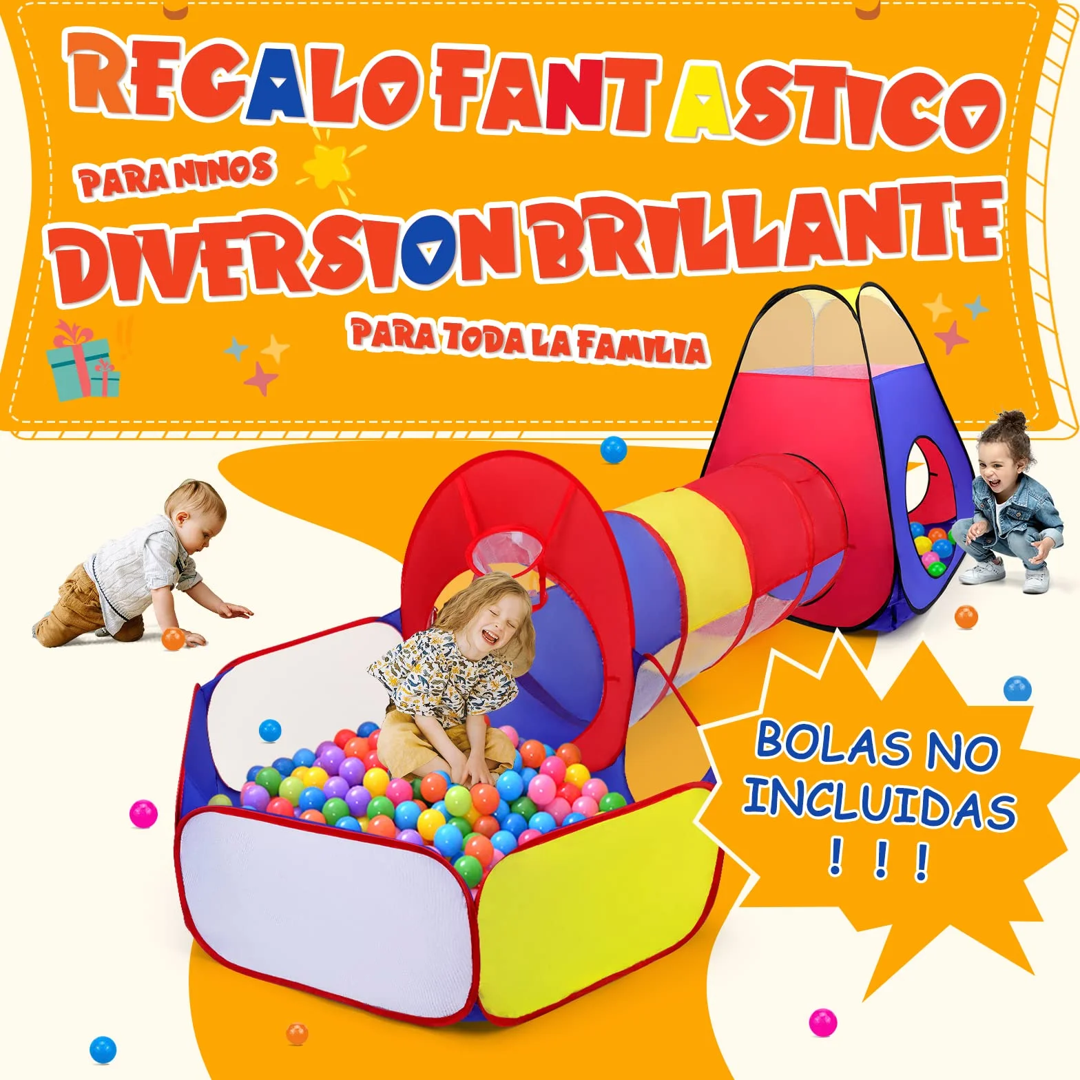 Tienda Campaña Infantil + Piscina de Bolas + Túnel Plegable 3 en 1 Pop Up, Opret Parque de Bolas Exterior o Interior, Juego de Regalo para Niños (No Incluye Las Bolas)