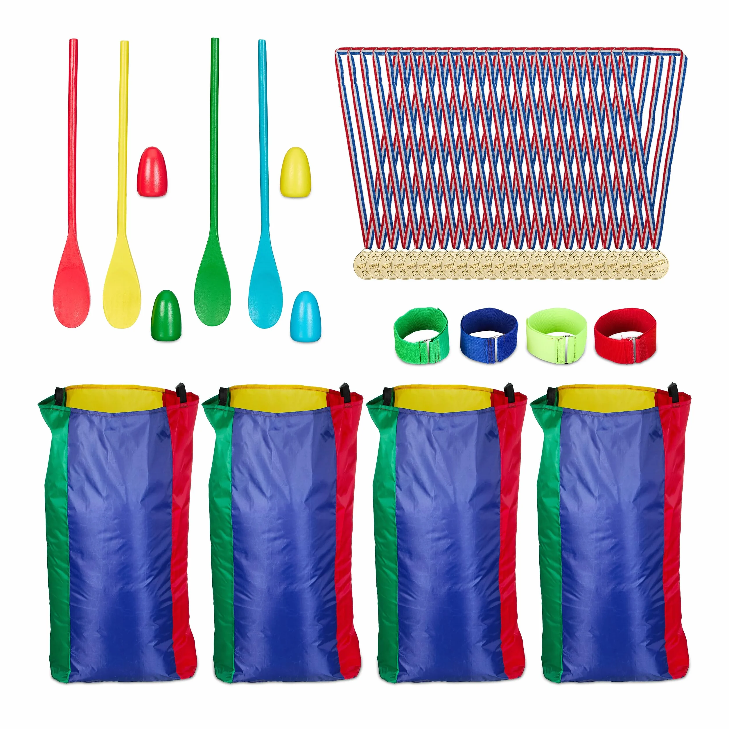 Relaxdays Aire Libre para niños en el Set Juegos Infantiles de Exterior, Gincana, Carrera de Sacos, de Huevos y de Tres Piernas, 24 Medallas, Multicolor, Poliéster, 90 x 50 x 40 cm